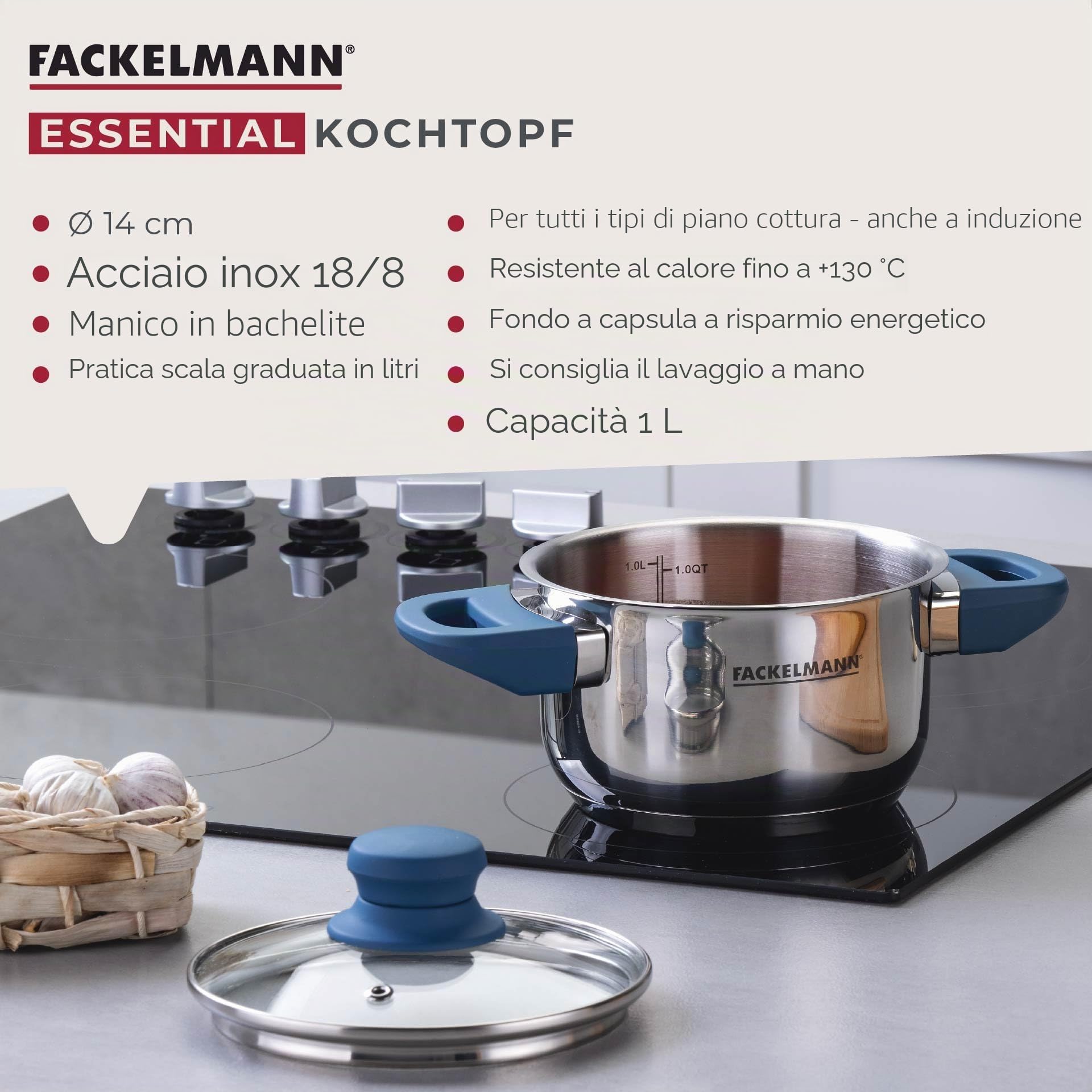 FACKELMANN Pentola Essential Ø 14 cm in acciaio inox, manici in bachelite blu scuro, fondo capsula a risparmio energetico, con coperchio in vetro, colore: blu