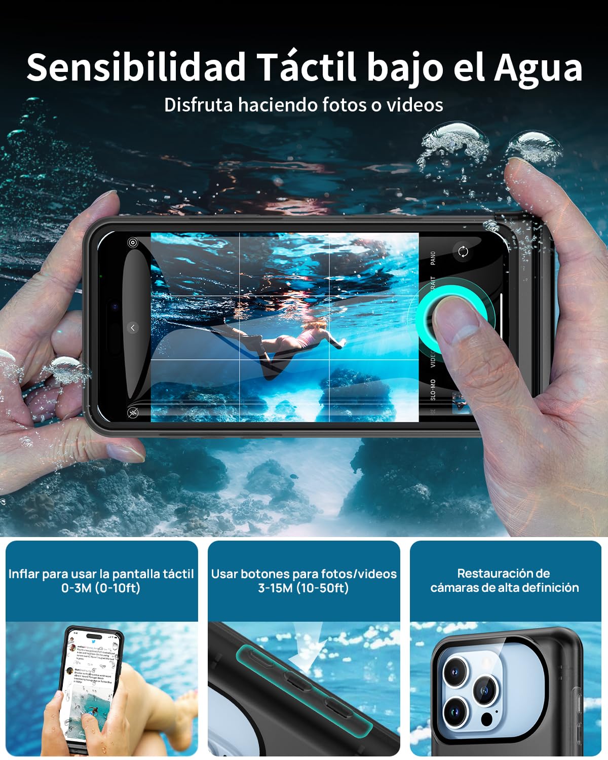 Lanhiem Funda IPX8 15M Impermeable Móvil para iPhone 17/16/16 Pro/15/15 Pro/14/14 Pro/13/13 Pro,Sumergible Carcasa de Fotografía Buceo Profesional, Bolsa Acuatica Movil para iPhone 13-17(6.1-6.3'')