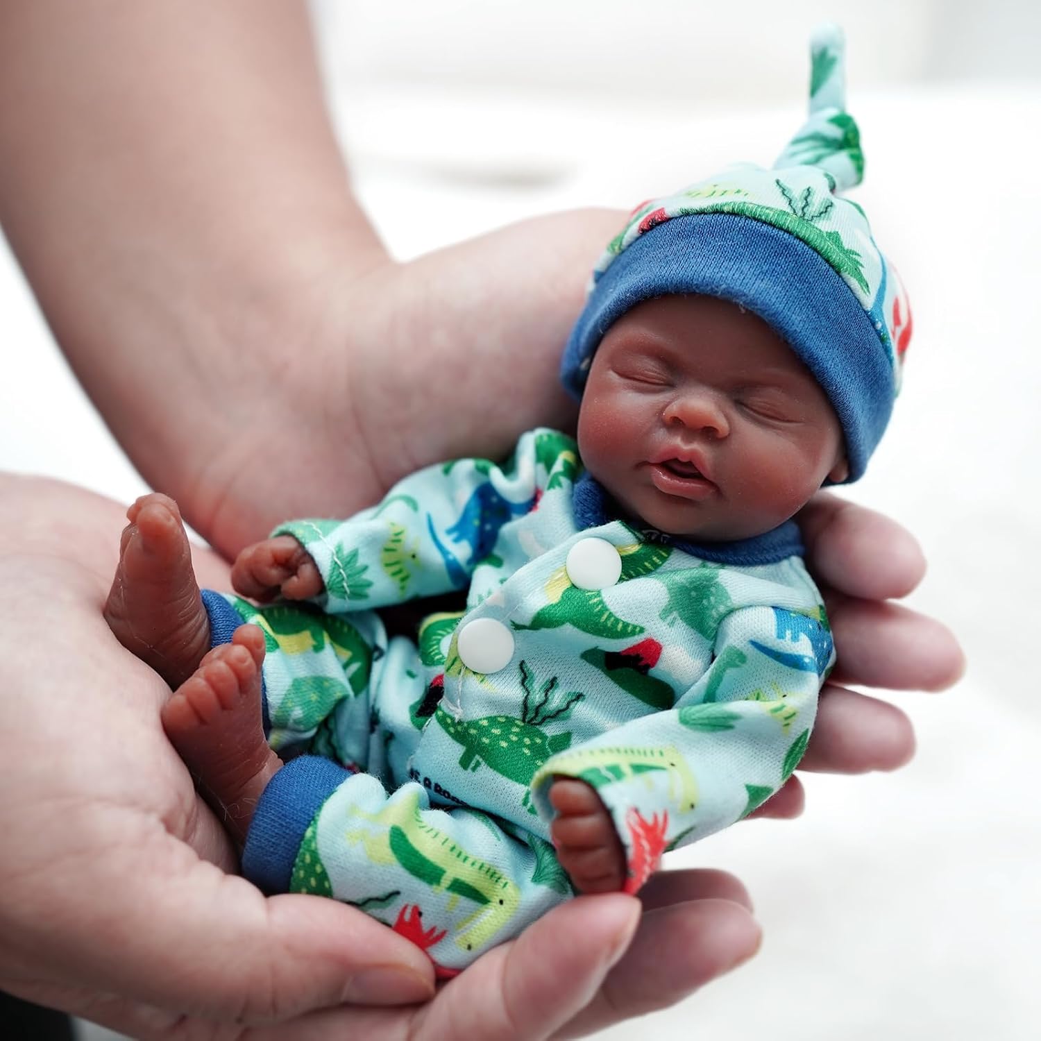 MYREBABY Mini Full Body Silicone Reborn Baby Doll 7 Inch Miniature Lifelike Newborn Doll Realistic Sleeping Black Boy Baby Doll The Look Real with Feeding Accessories for Age 3 +