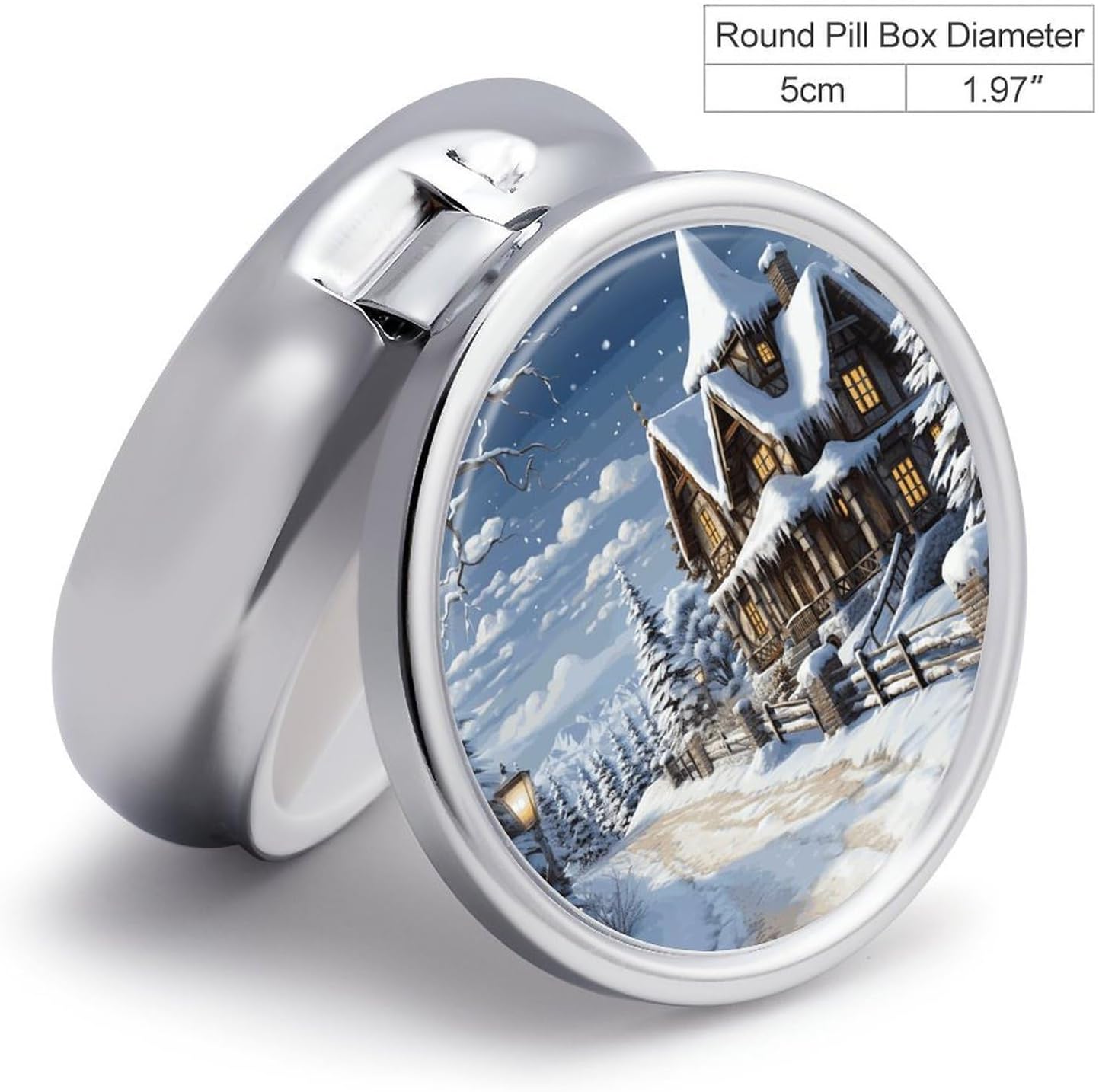 Round Daily Christmas Winter Pill Case with 3 Compartment & Mirror image 2
