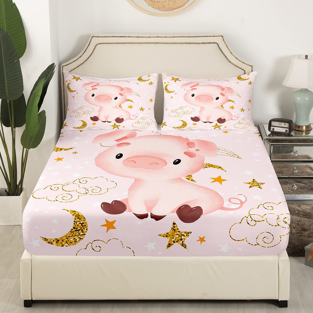Feelyou Pig Bed Sheet Set Cute Cartoon Pig Bedding Set Lovely Animal Fitted Sheet Sun Moon Pattern Flat Sheet for Kids Boys Girls Adults 4Pcs with 2 Pillow Case Full Size