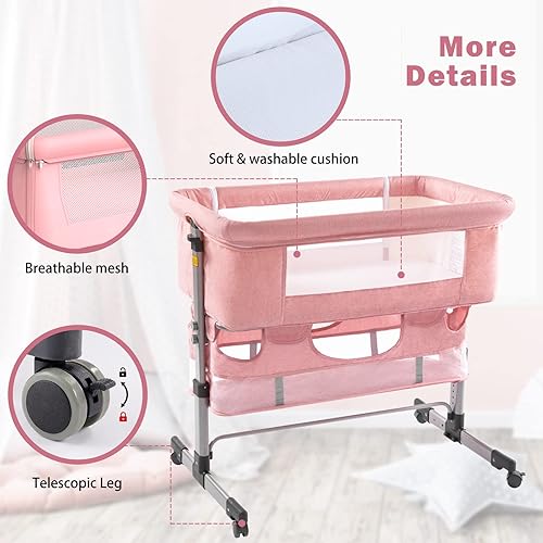 Miniatura 9 de Ihoming Moisés para bebé, cuna lateral con cesta de almacenamiento, cuna plegable fácil, cama ajustable para bebé recién nacido, rosa
