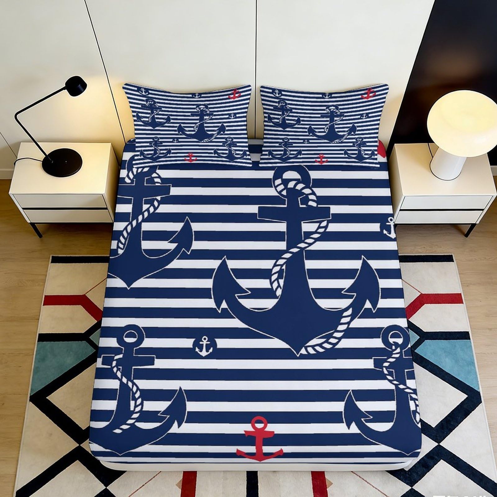 3D Printed Nautical Anchor Fitted Sheet Microfiber Durable Breathable Striped Bed Cover for Bedroom Dormitory Guest Room Mattress Protection 160x200x25cm