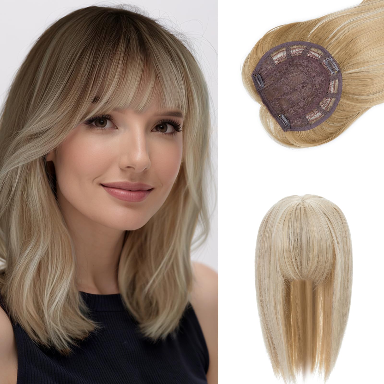 BUYOGET Highlight Hair Topper Clip in Hair Pieces for Woman Straight 14 Inch Clip in Toppers with Fringe for Thinning Hair