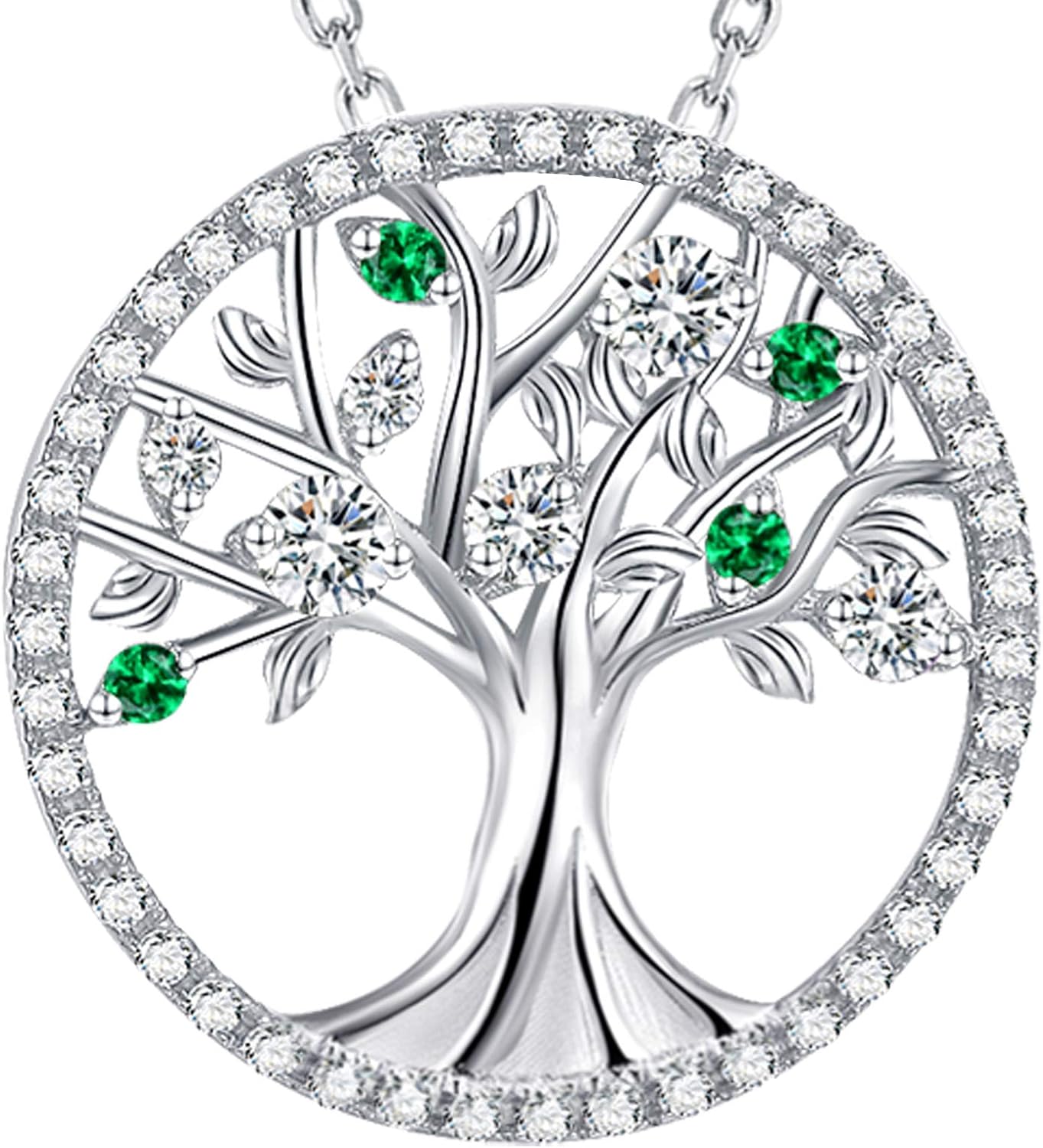 Tree of Life Necklace for Her Birthday Gifts Wife Mom April May Birthstones Simulated Diamond Emerald and More Stones Jewelry for Women 925 Sterling Silver