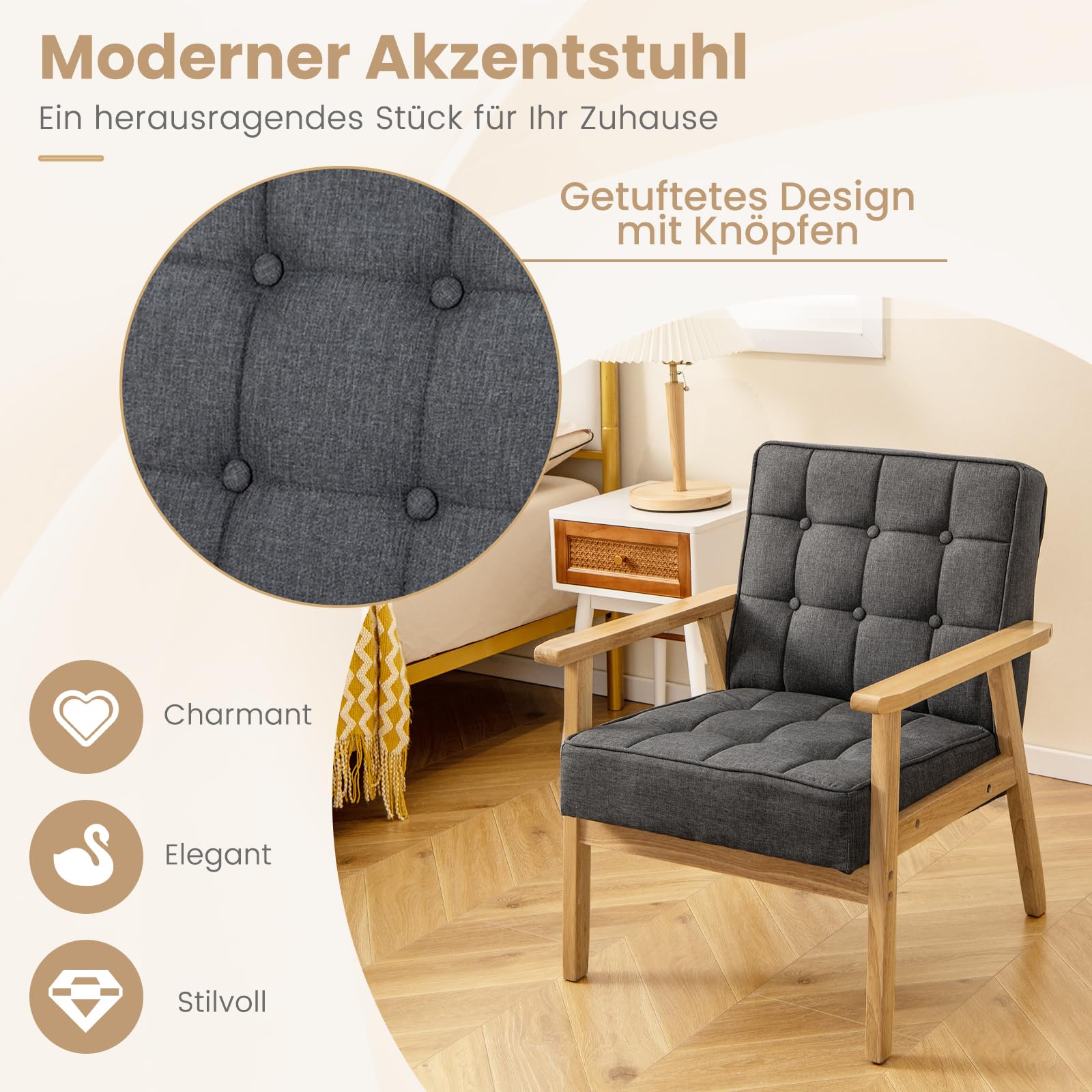 COSTWAY Fotel do salonu, tapicerowany, nowoczesne krzesło akcentujące z podłokietnikami z drewna gumowego, pojedyncza sofa do salonu, sypialni (kolor szary)