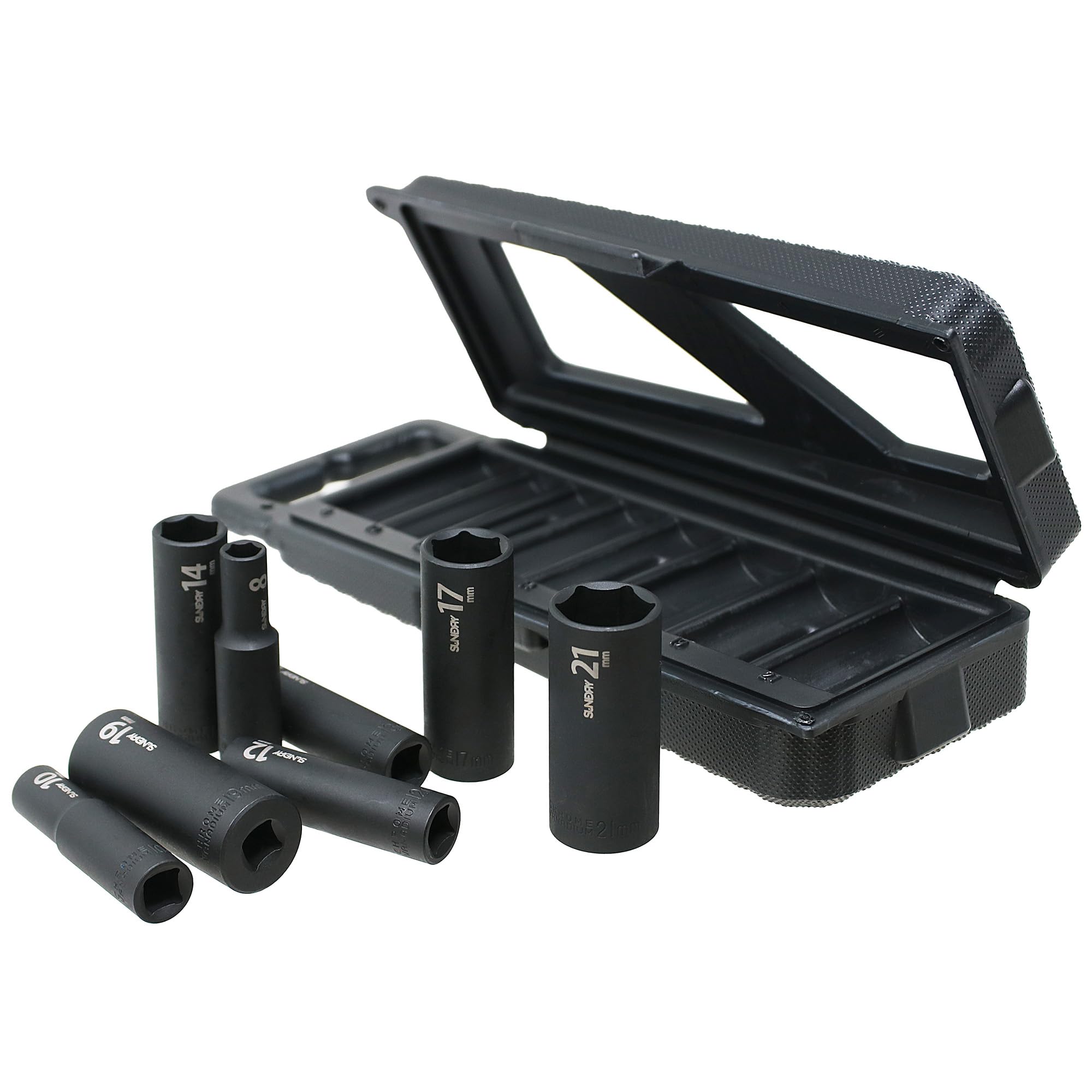 Sundry SDR-B01 zestaw głębokich nasadek, 8-częściowy zestaw, długość całkowita 63 mm, wkładka 9,5 mm kwadratowa (3/20.3 cm) 8/10/12/13/14/17/19/21 mm etui do przechowywania w zestawie, długi typ