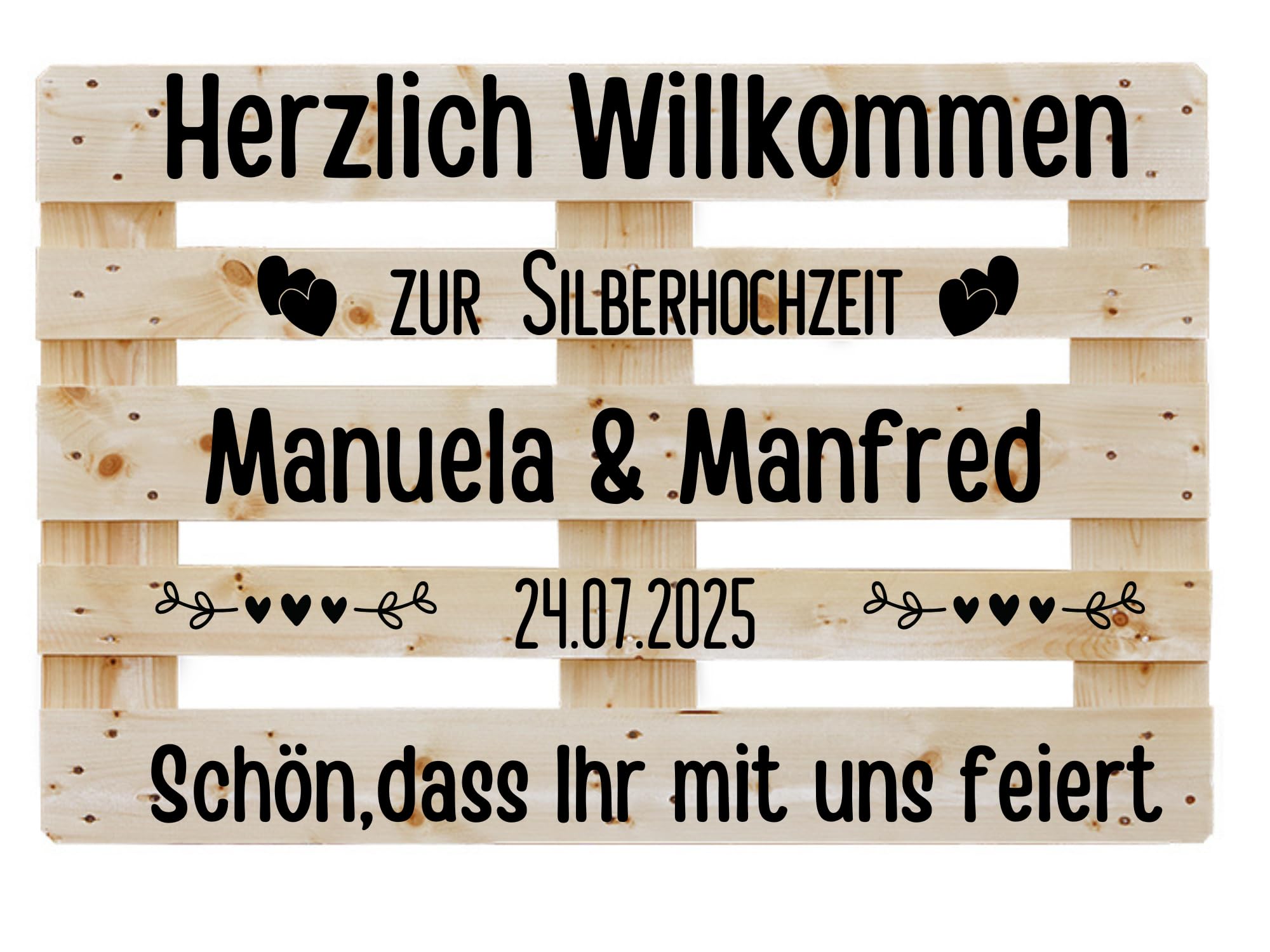 Aufkleber für Palette Silberhochzeit,Palettenaufkleber personalisiert mit Namen und Datum für 25 Jahre Ehe in Schwarz oder Weiß, Klebeschrift für Europalette, Diy Hochzeitspalette, Klebeschrift
