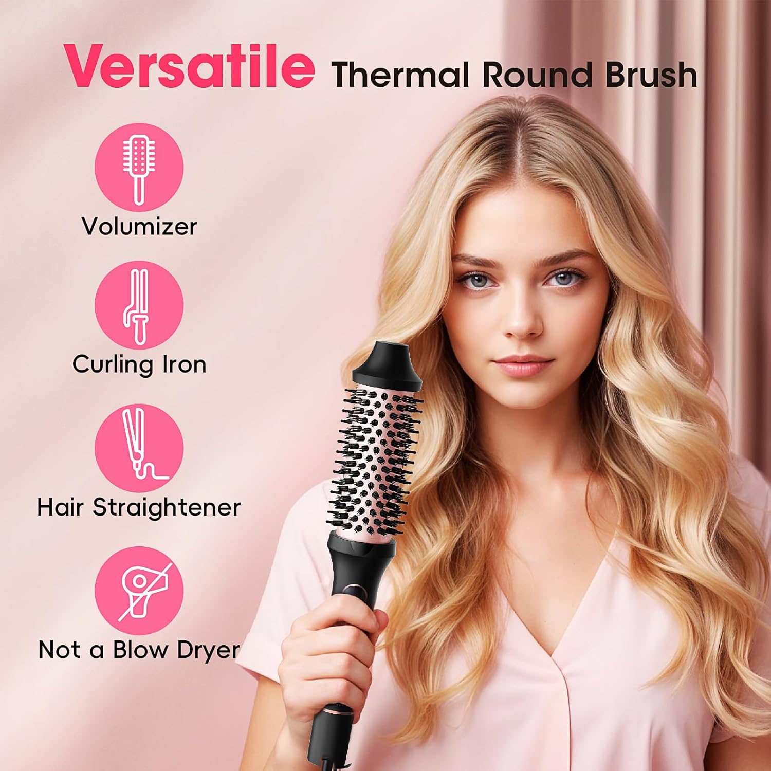 CINOSTAR Heated Round Brush for Blowout Look Volumizer, 1.5 inch Styler Tool, 6 Temps Ionic Thermal Brush, Fast Heating, Dual Voltage for Travel, Peach - Image 5
