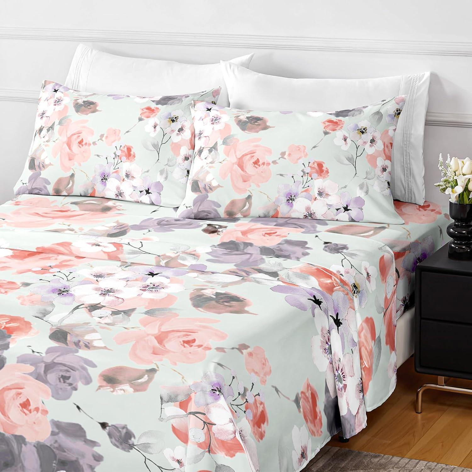 Floral King Size Sheets Set, Luxury 1800TC Hotel Quality Double Brushed Microfiber Deep Pocket Bed Sheets, Ultra Soft, Breathable and Cooling, 4PC, King
