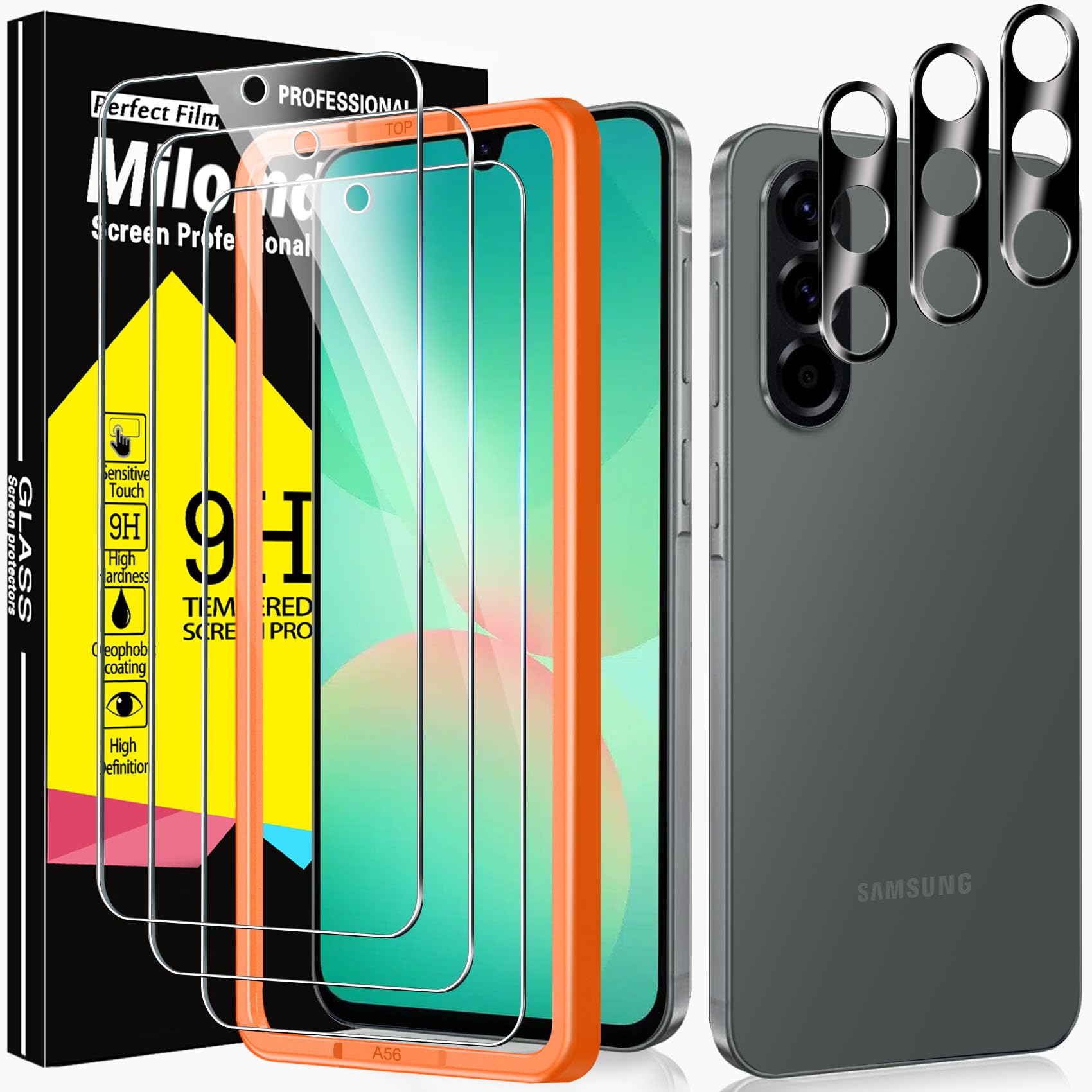 Milomdoi 3 Pack Tempered Glass for Samsung Galaxy A56 5G Screen Protector with 3 Pack Camera Lens Protector Accessories, Case Friendly, Mounting Frame