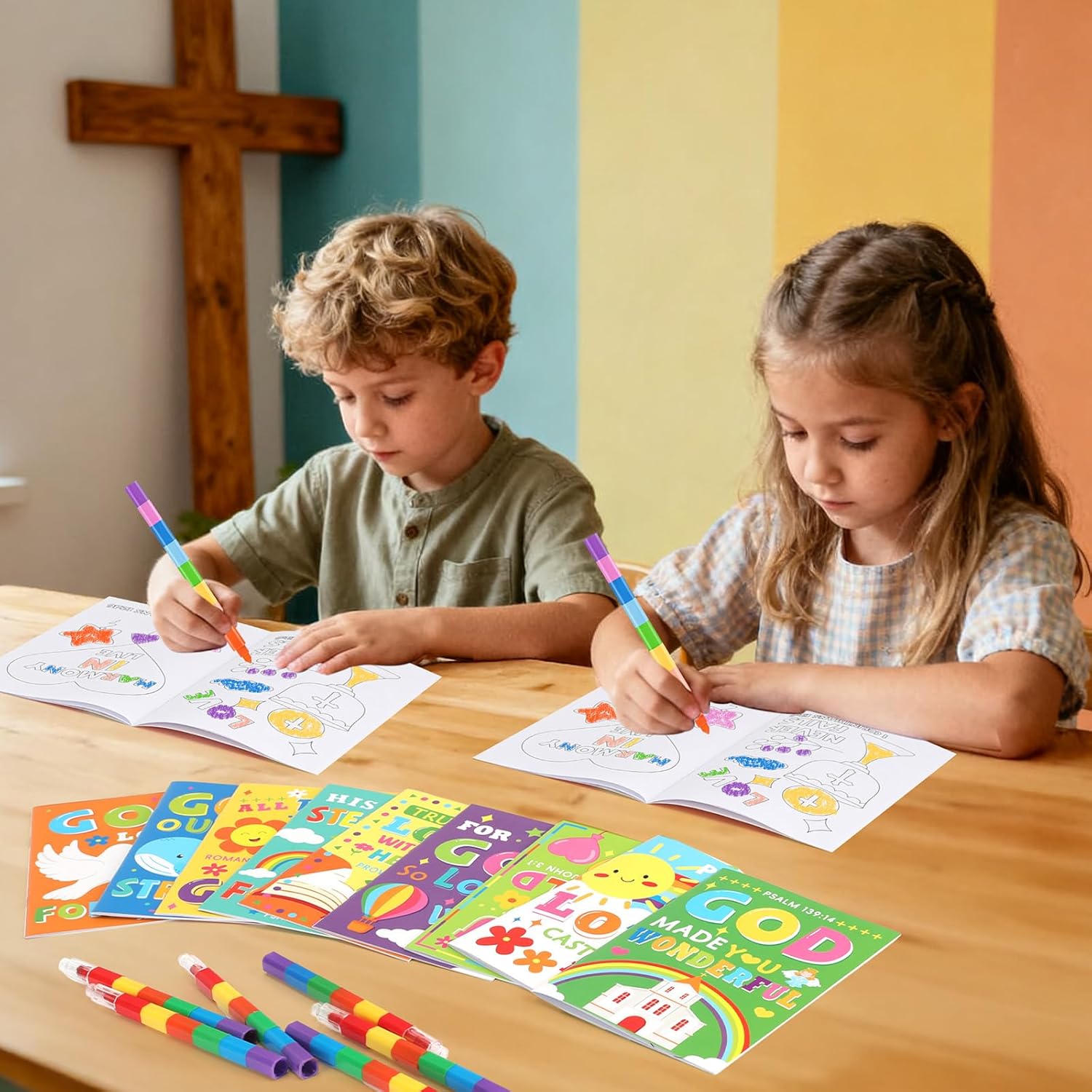 BenLouis 12 Bible Verses Mini Coloring Books Kids with 12 Stacking Crayons Christian Party Favors Small Activity Books Bulk for Kids Sunday School Religious Church Party Gift Goodie Bag Stuffers - Image 6