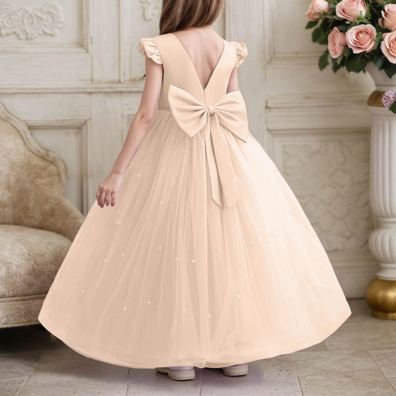 Generico Gonna Tulle Bambina Tutu Ballerina Bambina Gonna Tutte Le Stagioni Lunga con Fiocco E Perline, Abito Formale per Compleanni E Gare di Bellezza