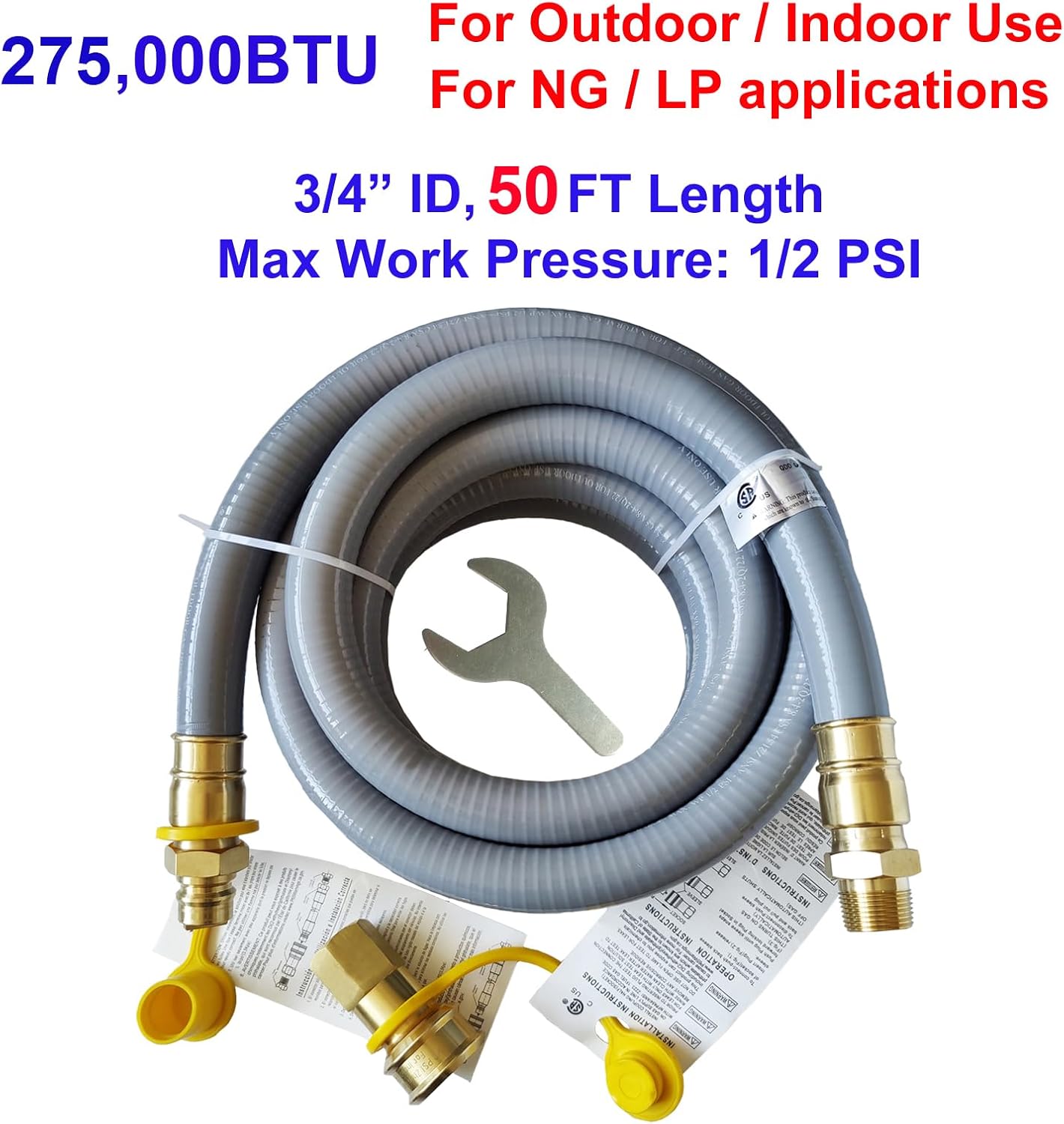 50FT 3/4" ID Natural Gas Hose with 3/4 Quick Connect for Standby Generators, Long Gas Flex Line Hose for NG/LP Propane Appliances Construction Heaters, Tool Included