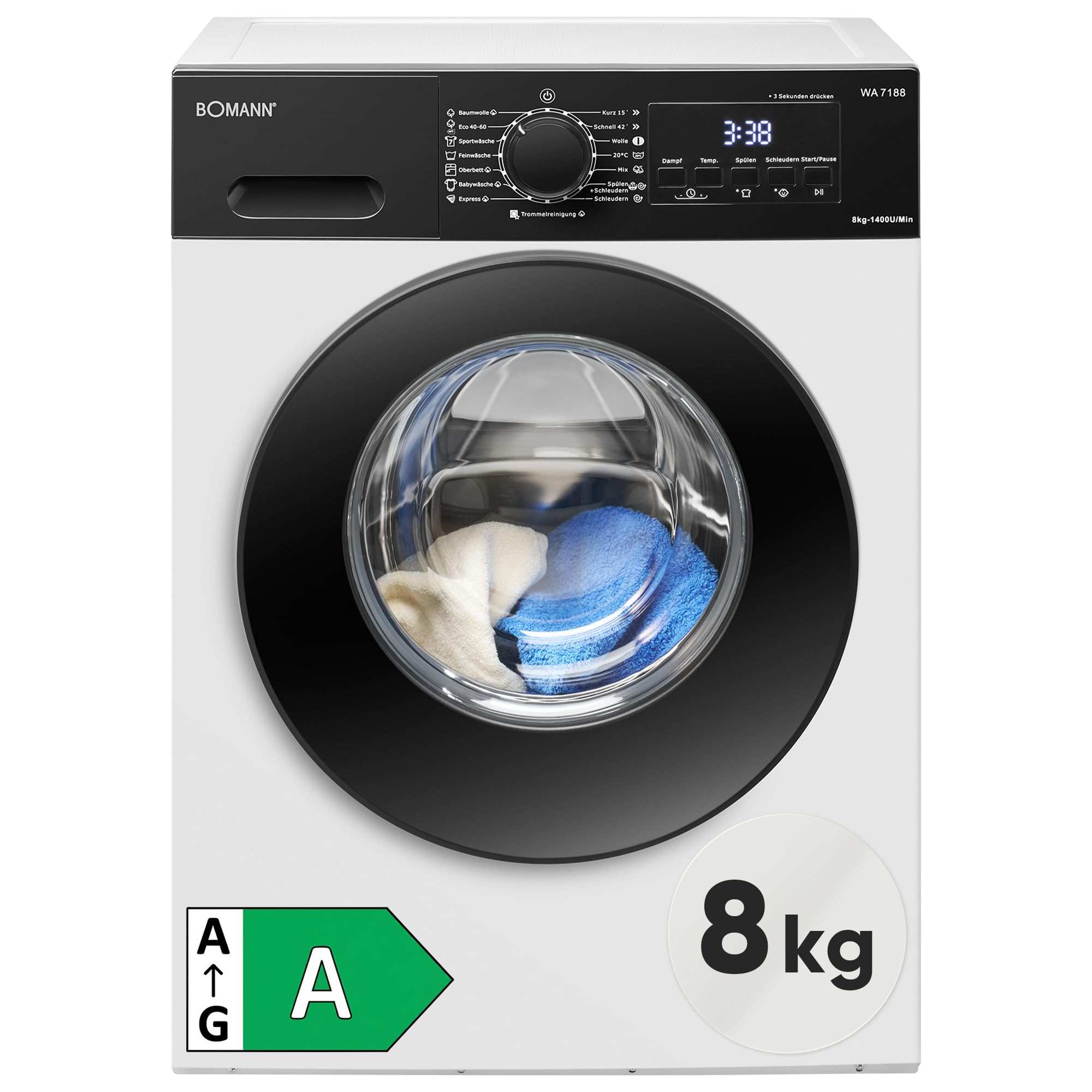 Bomann® Waschmaschine 8kg | 5 Jahre Motor-Garantie | Invertermotor-effizient, leise & langlebig | max. 1400 U/min | 15 Programme | Dampffunktion | LED-Display | Washing Machine | WA 7188 weiß-schwarz