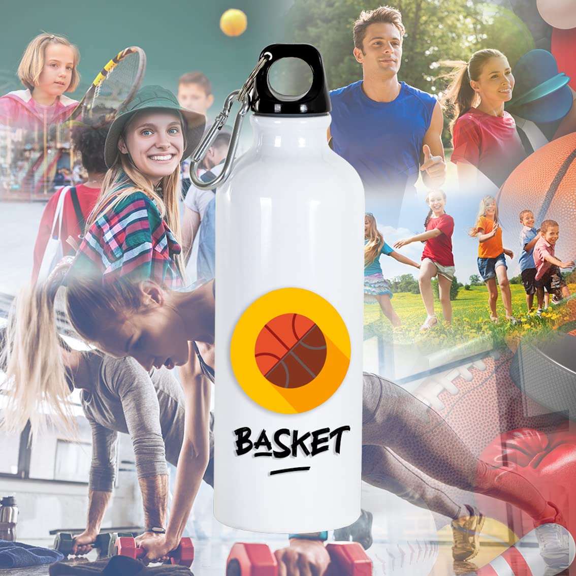 Drinkfles basketbal sport 500 ml waterfles, aluminium, herbruikbaar, milieuvriendelijk, met karabijnhaak. Cadeau-idee origineel, voor heren en dames, kinderen, vrienden, nuttig, reizen, collega's, verjaardag, Kerstmis