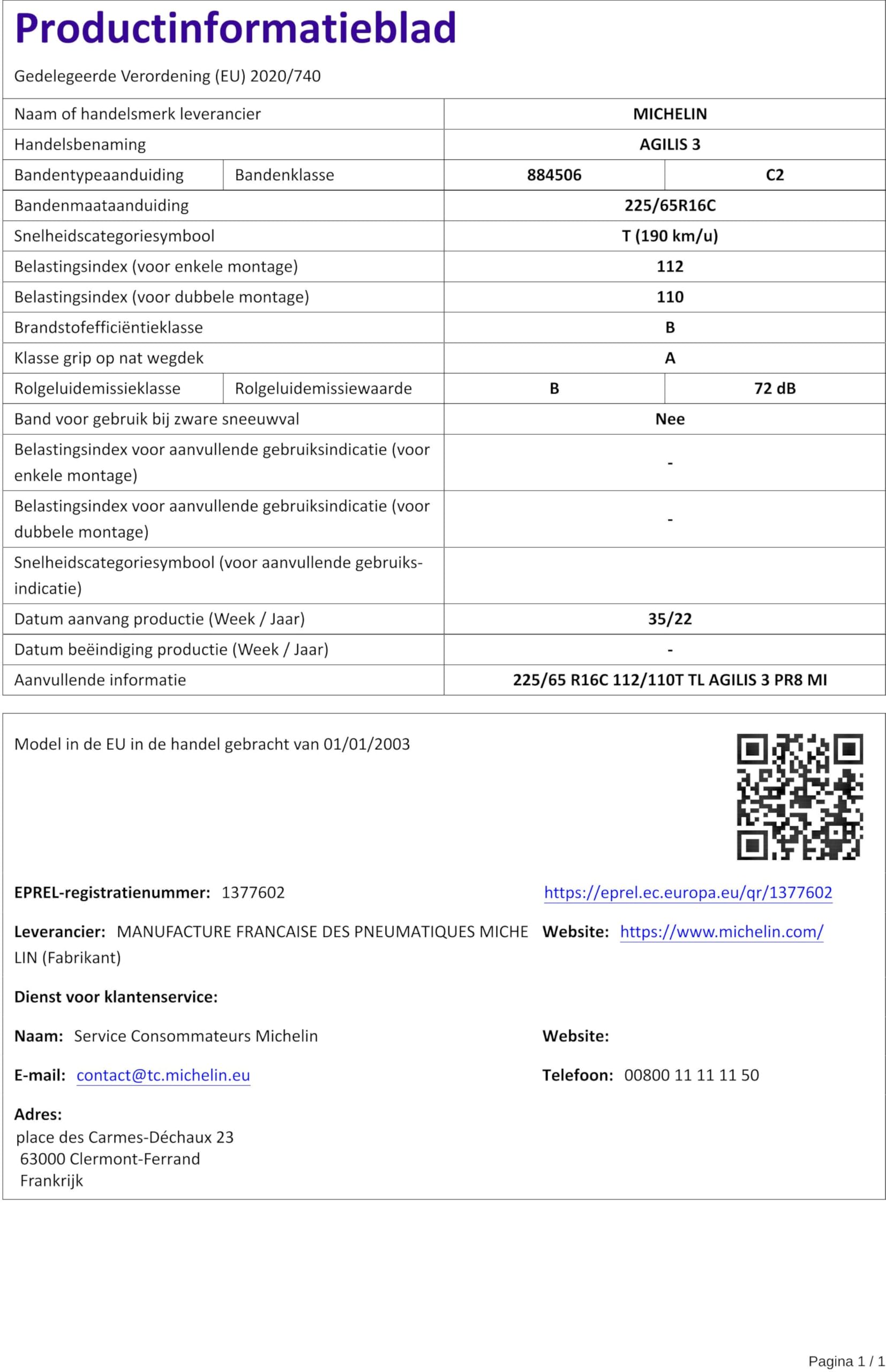 MICHELIN 225/65 R16 112/110T Pneu Été LCamion