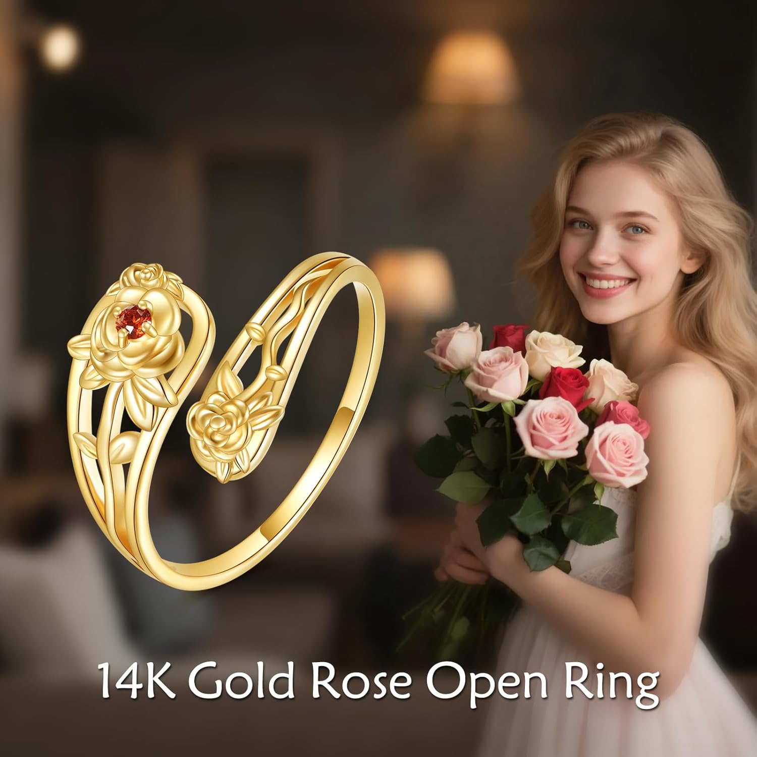 KECHO 14K Gold Rose Ring Adjustable Open Ring Red Gemstone Ruby Spoon Ring Vintage Thumb Rings for Women