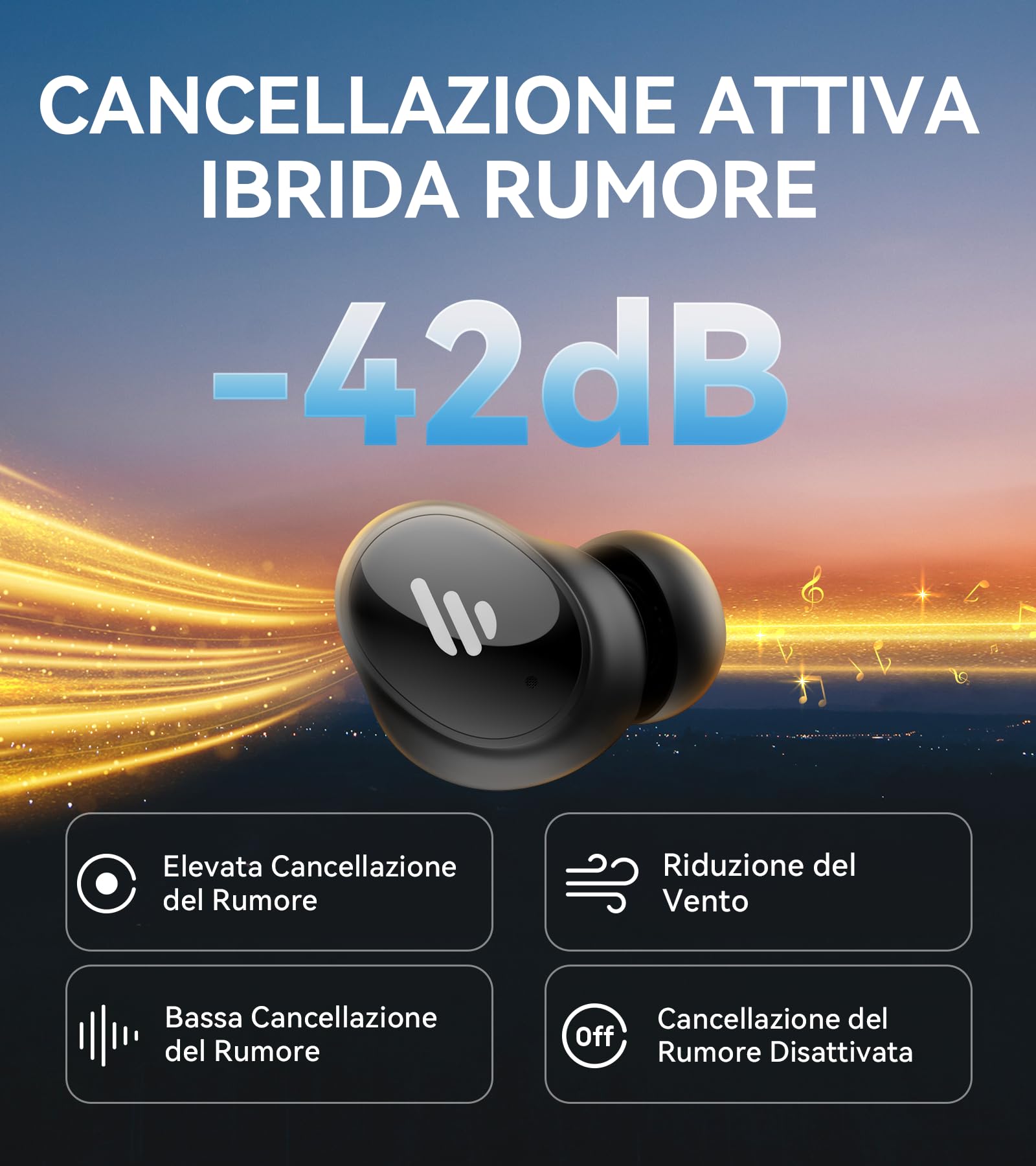 Edifier TWS1 Pro 2 Cuffie True Wireless, Cancellazione Attiva del Rumore -42dB, Chiamate Dall'AI con 4 Microfoni, Rilevazione Auricolare, Ricarica Veloce, Modalità Game, Bluetooth 5.3 - Nero