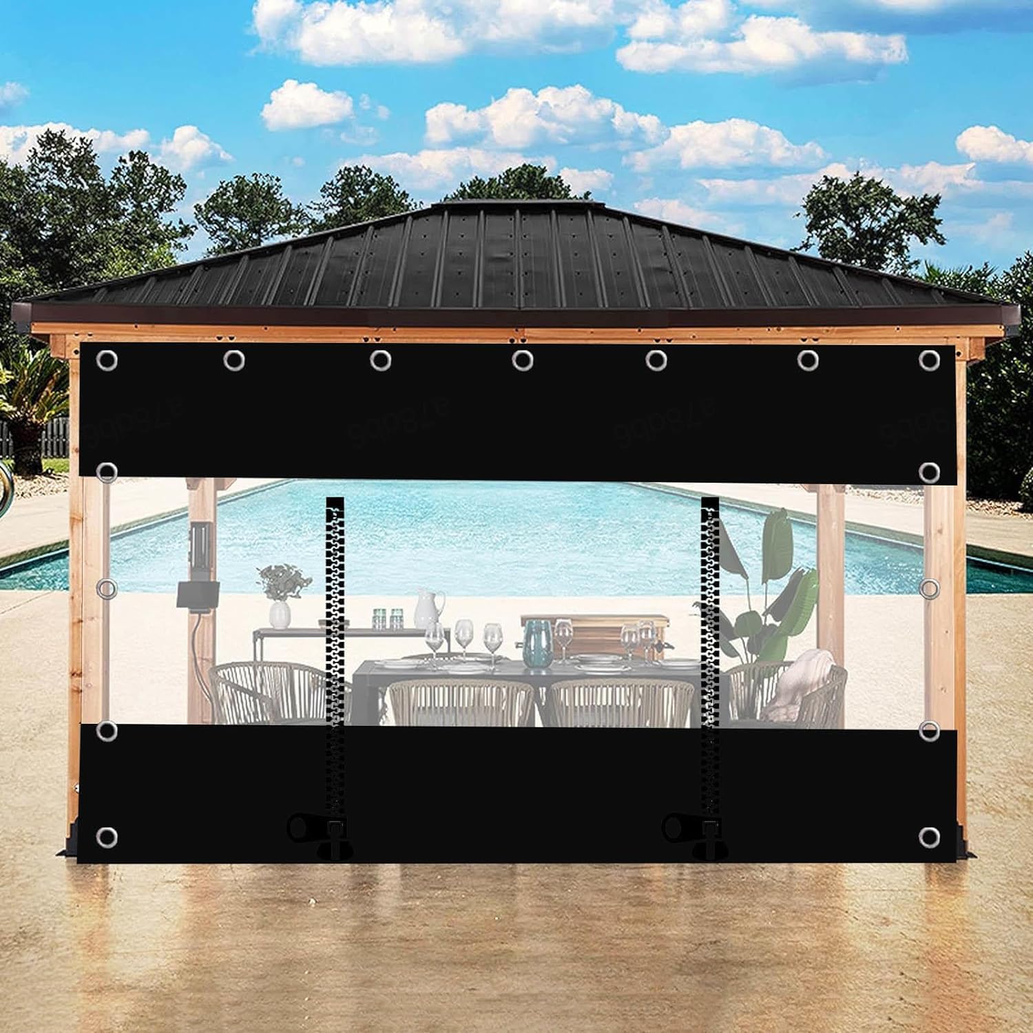 Tende impermeabili in tela trasparente con porte con cerniera per pergolato esterno gazebo patio 3,7 x 2,1 m