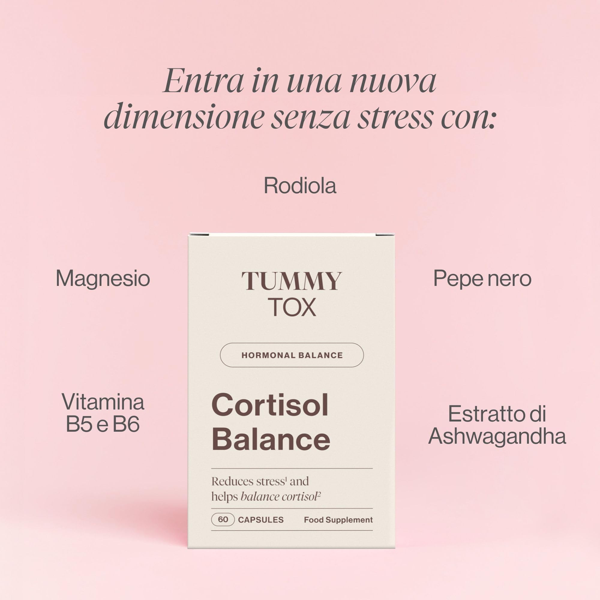 Cortisol Balance - 600 mg Ashwagandha KSM-66, Rodiola Rosea con Magnesio, Vitamina B6 e Vitamina B5-60 capsule, Tummy Tox