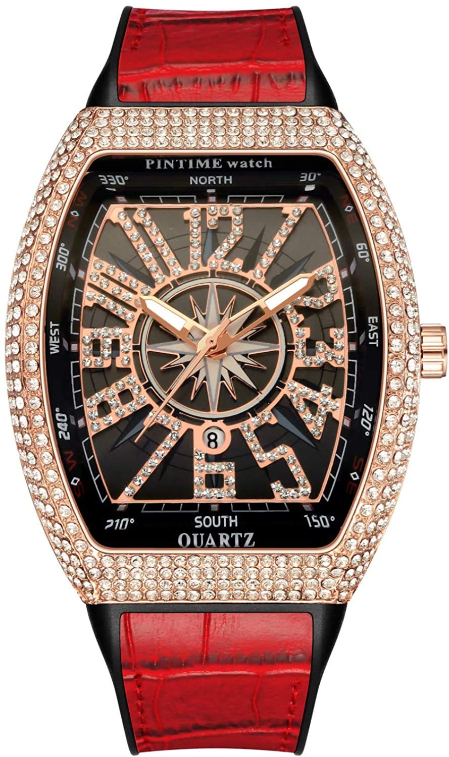 Gosasa Reloj de pulsera de cuarzo con diamantes de imitación de cristal y correa de goma para hombre, rojo, oro rosa,