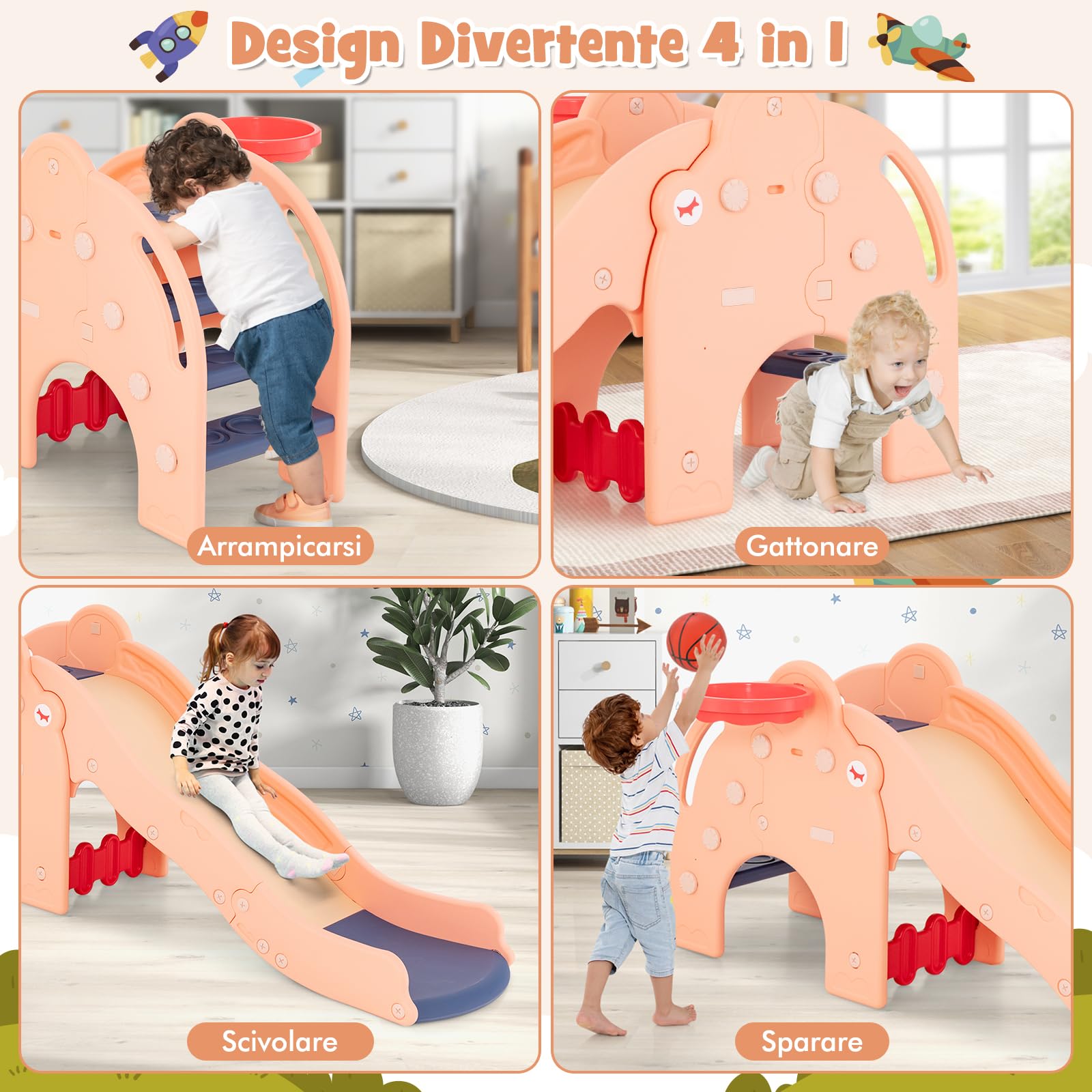 RELAX4LIFE 4 in 1 Scivolo per Bambini, Centro Attività con Scaletta da Arrampicata e Cestino da Basket, Uso Interno o Esterno, Parco Giochi Multifunzionale per Bambini 1-4 Anni (MODELLO 3-ROSA)