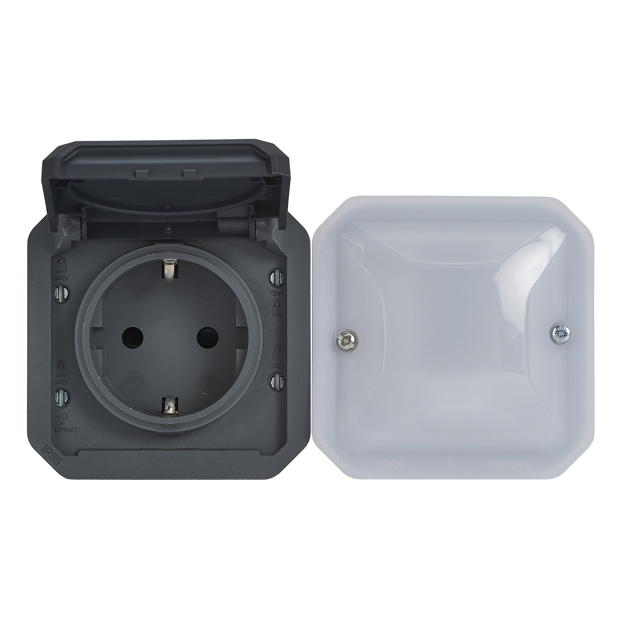 LEGRAND, Plexo New Connected-Feuchtraum-Steckdose, Smart-Home, Aufputz-Steckdose, Schuko-Standard, Home+Control-App, IP44 - IK07 staub- und schmutzbeständig, 16 A, 3680 W, Farbe: Anthrazit, 069897L
