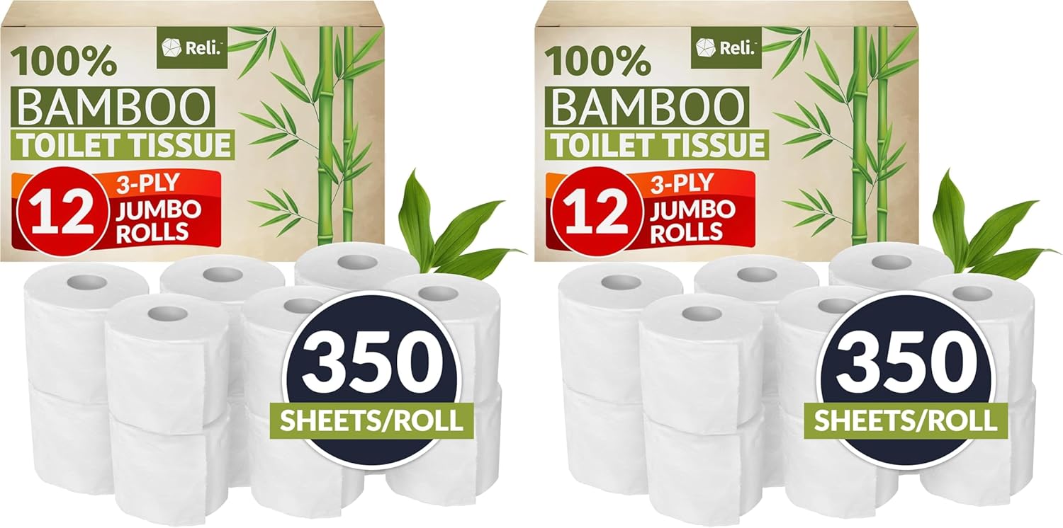 Reli. Bamboo Toilet Paper (12 Jumbo Rolls) | 3 Ply Toilet Paper (350 Sheets/Roll) Bathroom Tissue | Organic Bath Tissue | Bamboo Chemical Free Rolls (4200 Sheets Total) (Pack of 2)