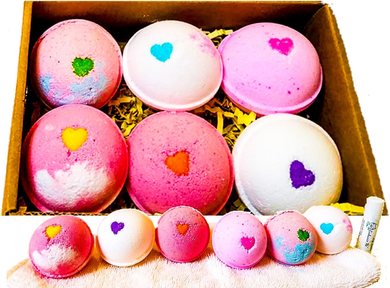 Love & Hearts Valentine Gift Set w/FREE Lip Balm, Vegan, Organic Coconut Oil, Natural Aromatherapy Essential Oils, Gift Set 6 Bath Bombs, Handmade in USA from Enhance Me