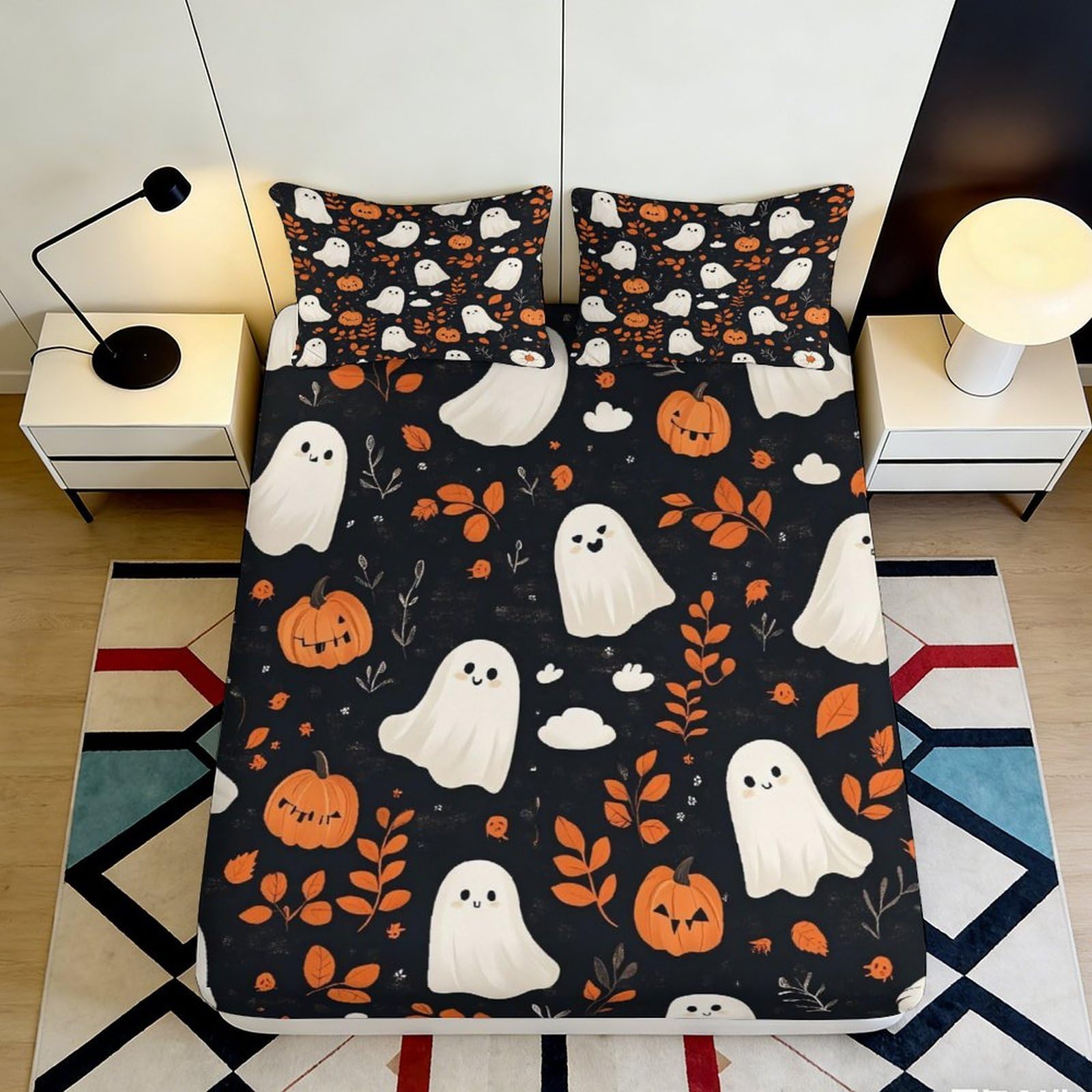 Kzqnxhjprl Style-2 3D Printed Halloween Ghost Fitted Sheet Microfiber Soft Orange Pumpkin Bed Cover For Bedroom Guest Room Dorm Decor 90X200x25cm