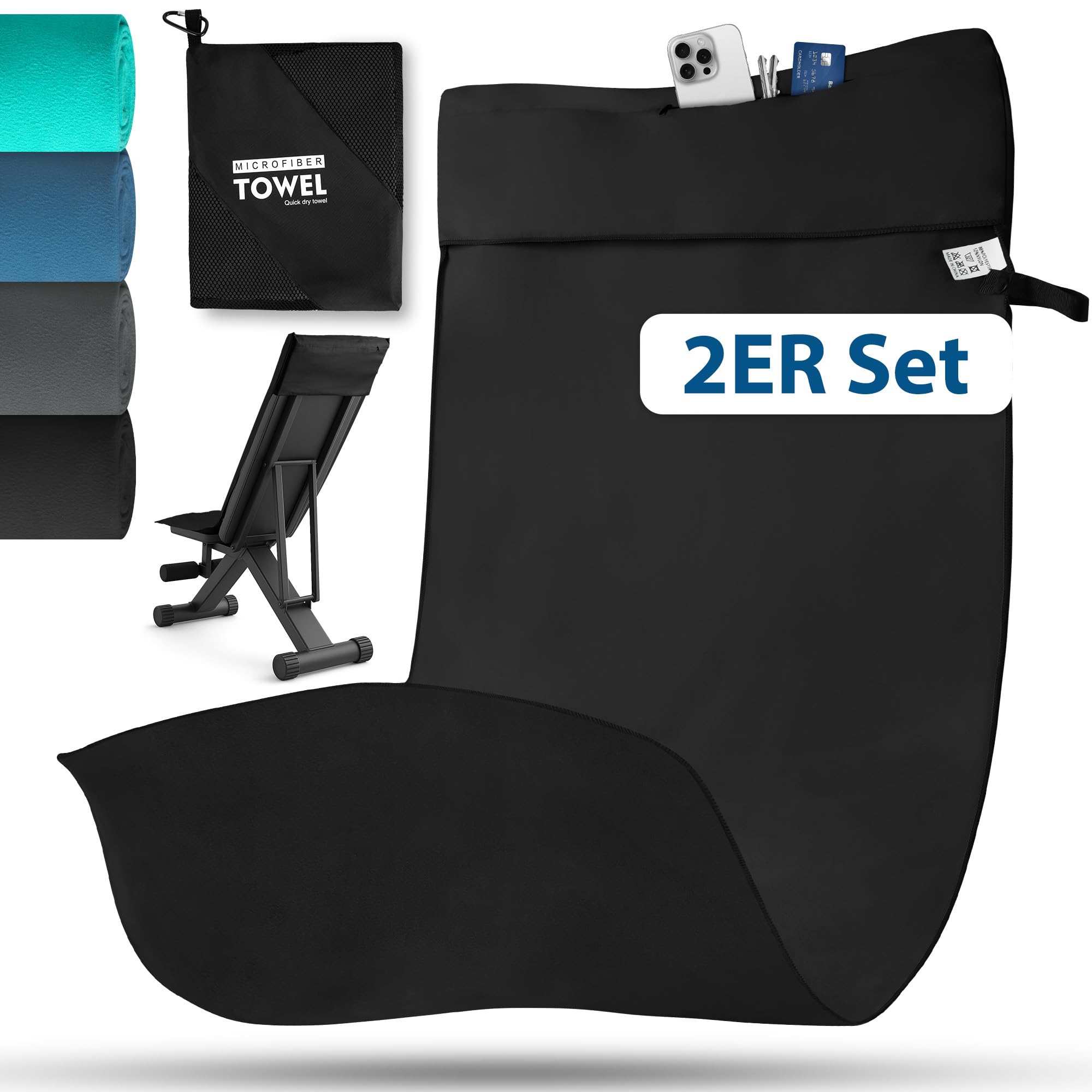 Novent Fitness Handtuch aus Mikrofaser 2er Set, 120x50cm Gym Handtuch mit Reißverschluss Tasche, Kompakt, rutschfest & Schnelltrocknend Sporthandtuch Fitnessstudio für Sport, Reise