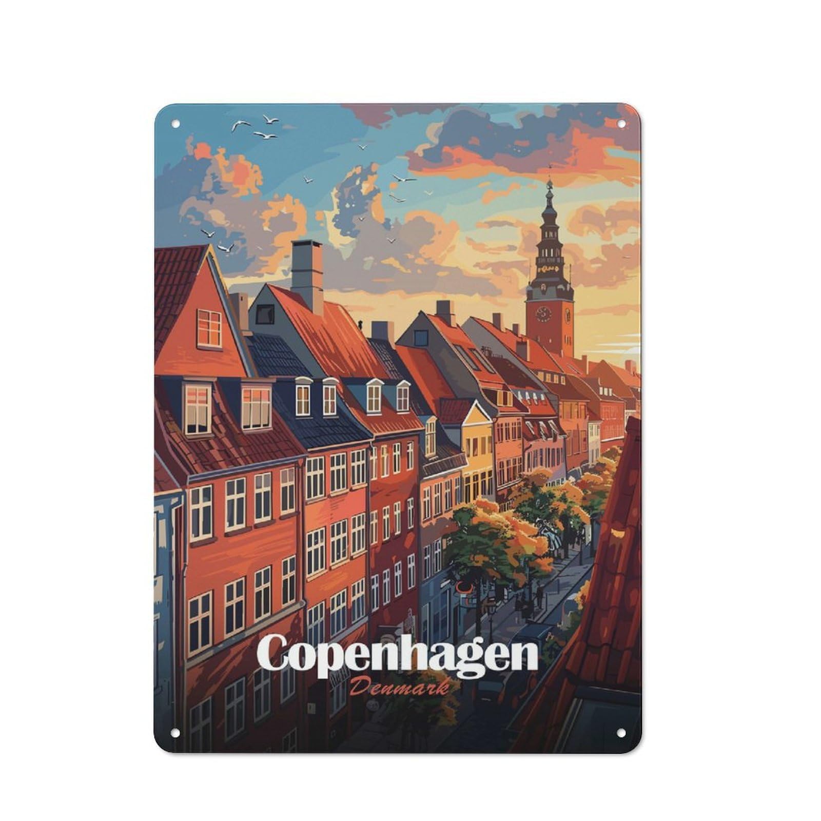 Junmoney Style-4 Vintage Tin Sign 40X30cm With Copenhagen, Denmark Cityscape Art For Hallway Wall, For Home Interiors, Feature Walls And Decorative Displays