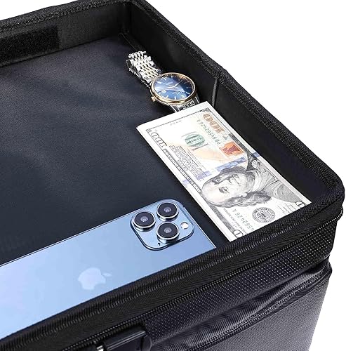 Miniatura 3 de OUMODA Caja de documentos ignífuga de 2 capas con cerradura con 1 pequeña bolsa de dinero 10 carpetas tamaño carta caja organizadora portátil