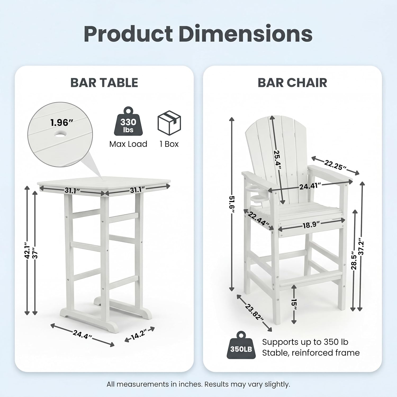 31.3'' Square Outdoor Bar Table & Stool Set of 3, Patio Counter Height Bar Stool with Umbrella Hole & Cup Holders, HDPE Material for Weather Resistant & Easy Assembly (3-Pcs, White)
