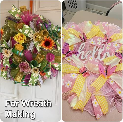 Miniatura 7 de TONIFUL 3 rollos de cintas de malla decorativas verdeblancoamarillo de 10 pulgadas, malla de tela con papel de aluminio para árbol, hogar, coronas,