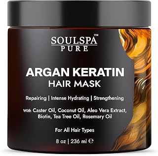 Argan Oil Hair Mask with Keratin - Strengthen, Hydrate, and Repair Dry, Damaged Hair - Enriched with Biotin, Tea Tree Oil & Rosemary Oil - All Hair Types - for Men and Women- 8.45 fl oz