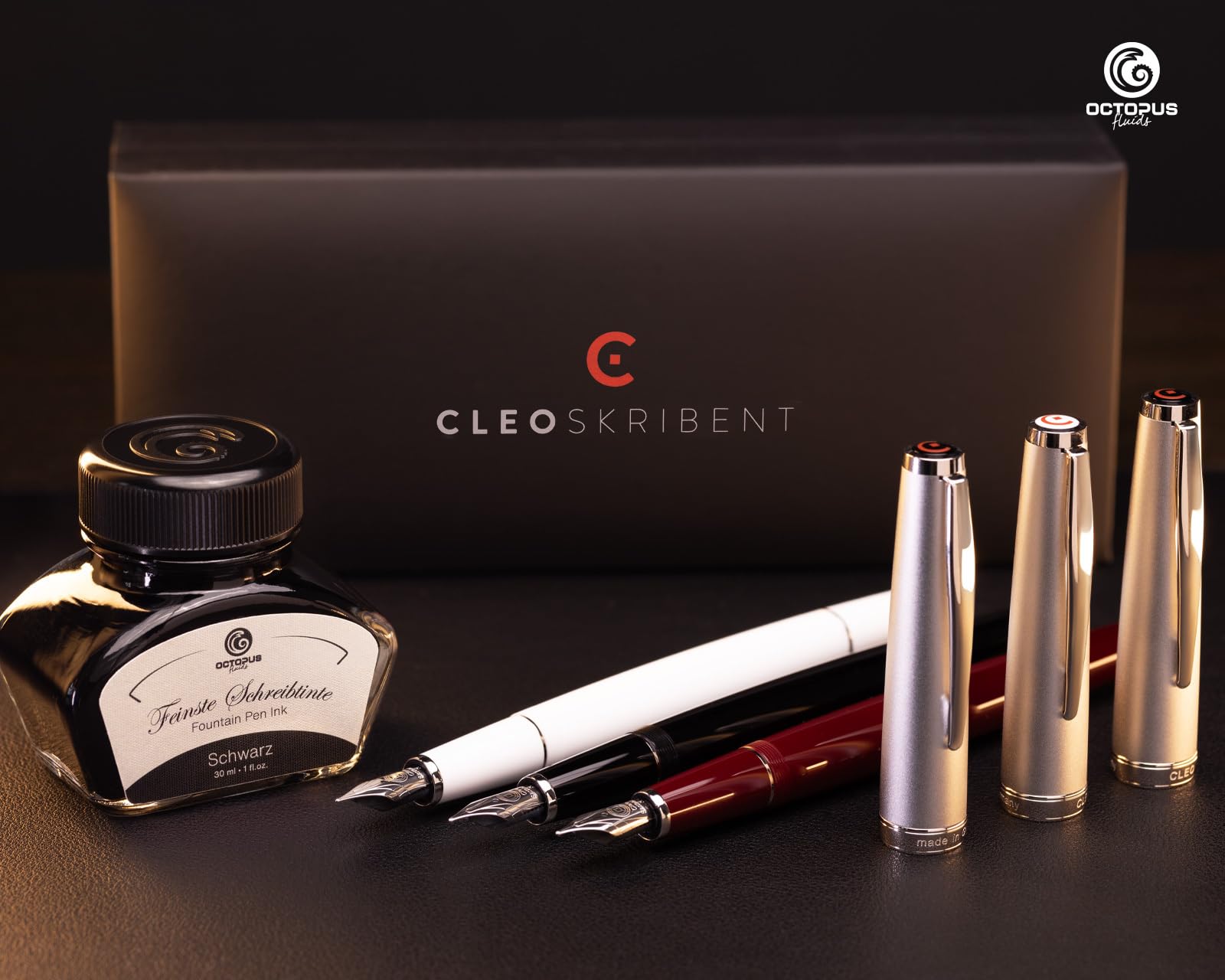 Cleo Skribent Classic - Juego de plumas estilográficas de metal, plumín M y tinta negra de 30 ml