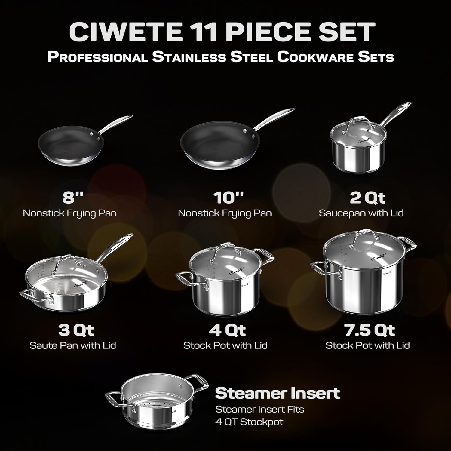 Stainless Steel Nonstick Pots and Pans Set - 11PC, 18/10 Triple Ply Stainless Steel Induction Cookware Set, Kitchen Cookware Sets with Steamer Insert/Stay-Cool Handles, Dishwasher Safe - Image 4