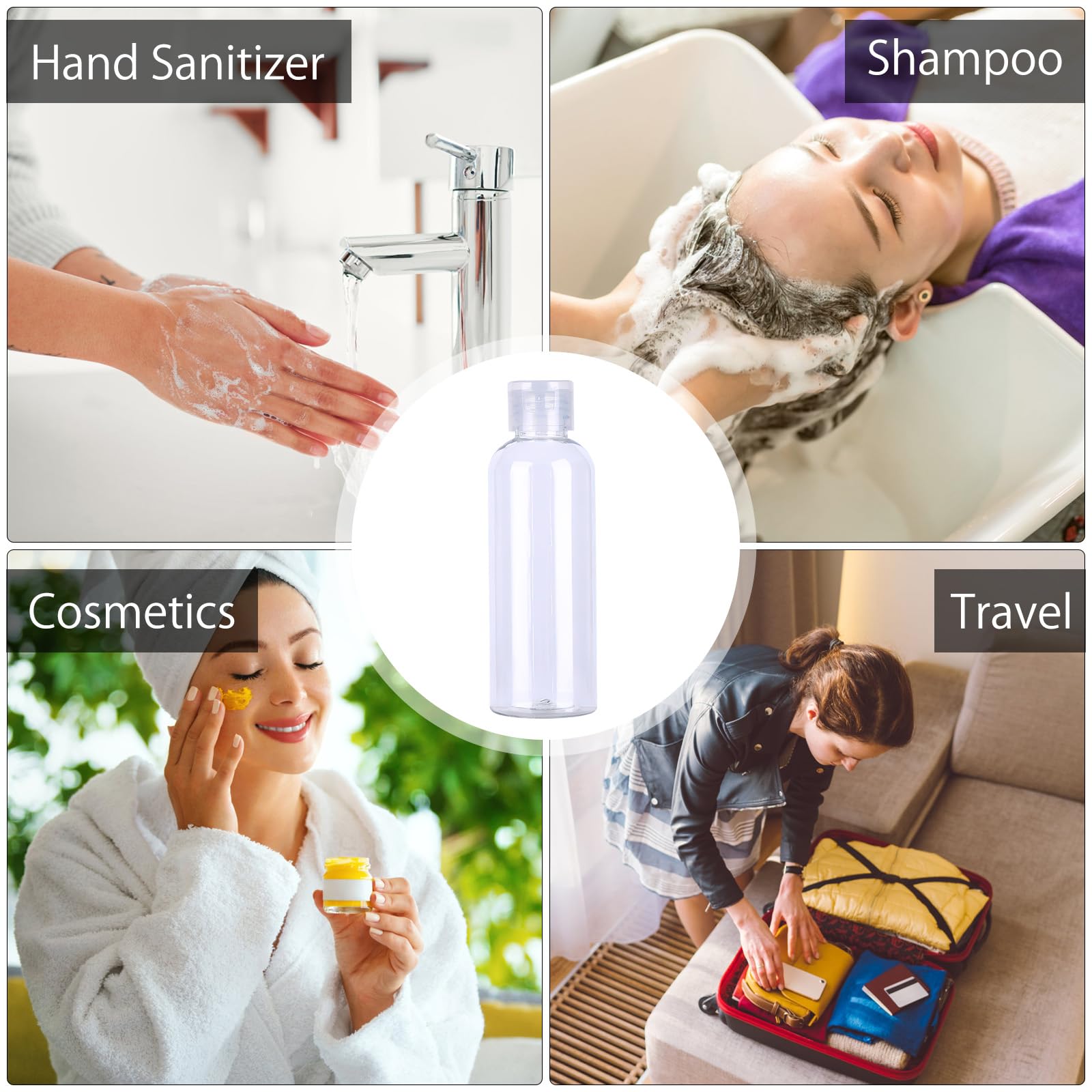 Juego de botellas de viaje 100 ml plástico transparente con tapa abatible 10 piezas para champú acondicionador loción