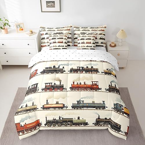 Miniatura 3 de Feelyou Juego de edredón de tren vintage de 7 piezas, diseño retro de motor de vapor para niños y niñas, juego de ropa de cama retro de tren de