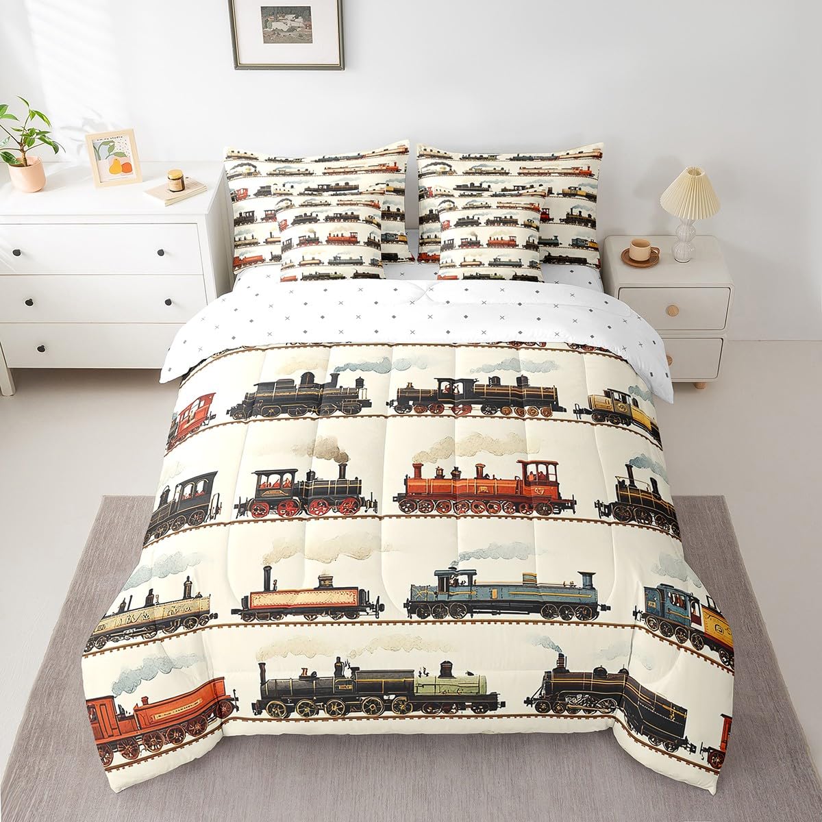 Feelyou Vintage Train Comforter Set Twin 7 Pcs Retro Steam Engine Boys Girls Retro Steam Locomotive Train Bedding Set Vehicle Train Bed in a Bag with Comforter, Sheets, Pillowcases & Cushion Cover