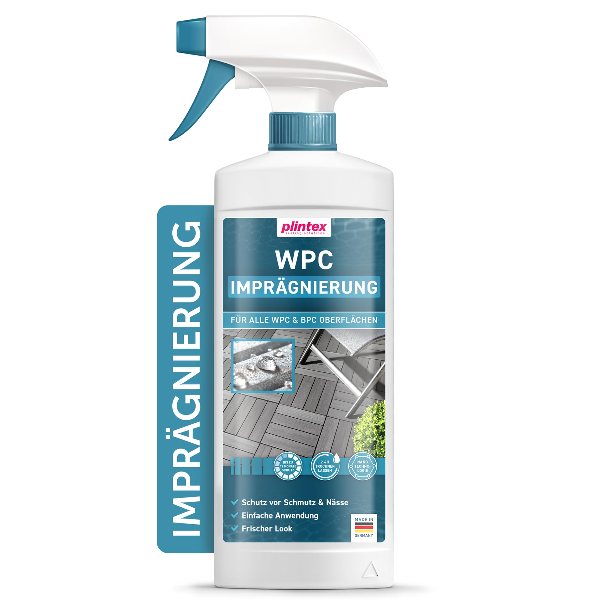 PLINTEX® WPC Imprägnierung Spray farblos 550ml langanhaltend & wasserabweisend - zur Pflege für WPC/BPC Fliesen, Zaun & Terrassendielen - Pflegemittel gegen Wasser, Schmutz & Grünbelag