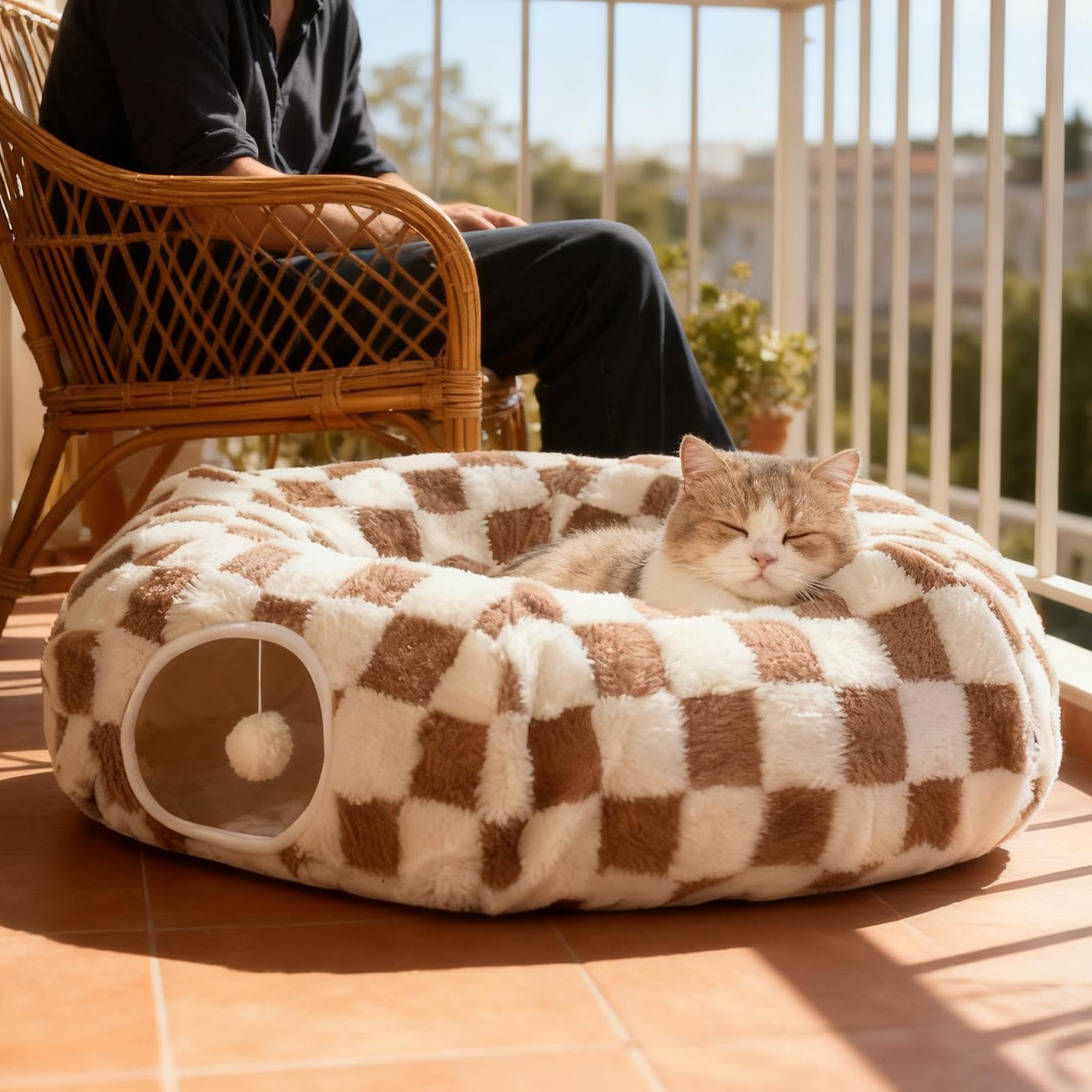 Tunnel De pour Chat avec Balle Et Coussin Amovible | Tunnel Lit Pour Chat Grotte Interactifs pour l'Enrichissement des Animaux Chiot Petit Chien Lapin Intérieur Salon Décoration