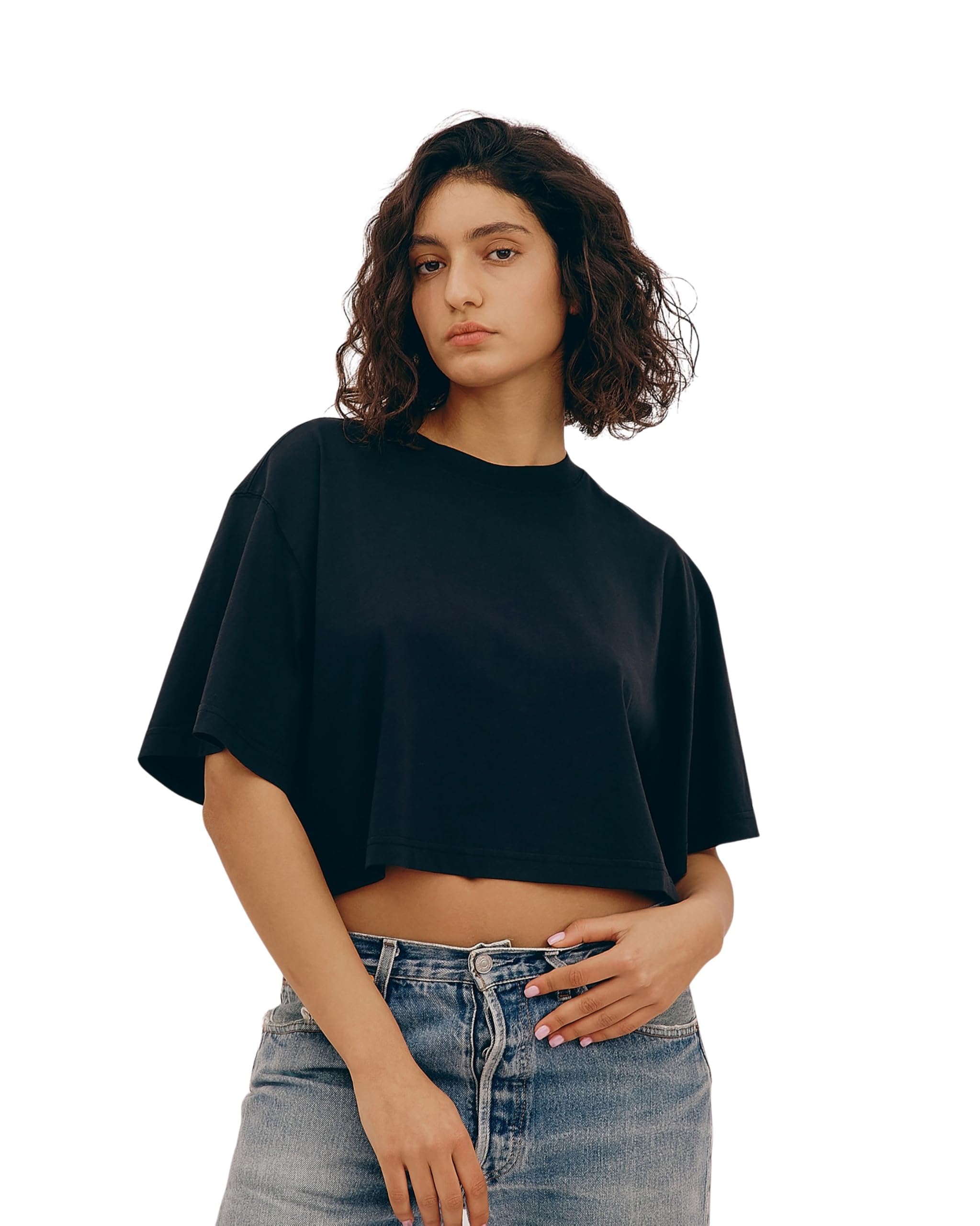 Organic Basics Women's True Boxy Crop Short Sleeve Tee, Black, S