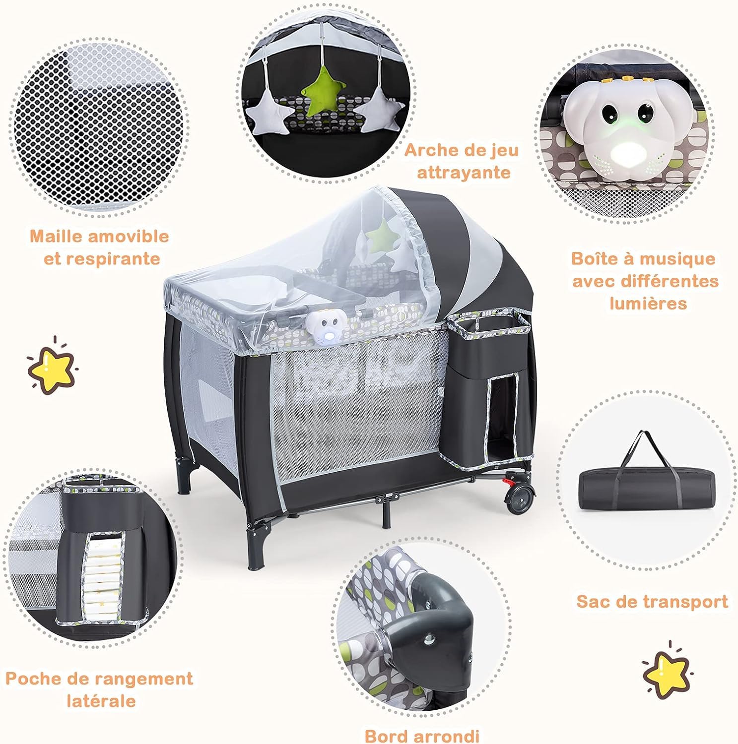 GOPLUS Cama Plegable con Ruedas, Cambiador y colchón, Cuna de Viaje con Lindos Juguetes y Bolsa de Transporte, Apta para bebés de 0 a 36 Meses, Carga máxima 15 kg, Gris