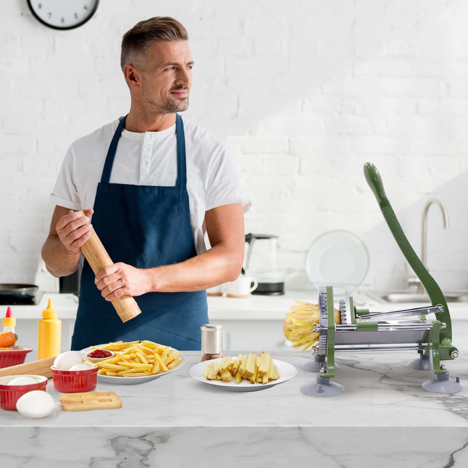 Pommes Frites Schneider Commercial Manuell Pommesschneider Professioneller Saugfüßen Komplettset French Fries Cutter mit Schwerem Gusseisen-Griff und 3/8" (10x10mm) Klinge