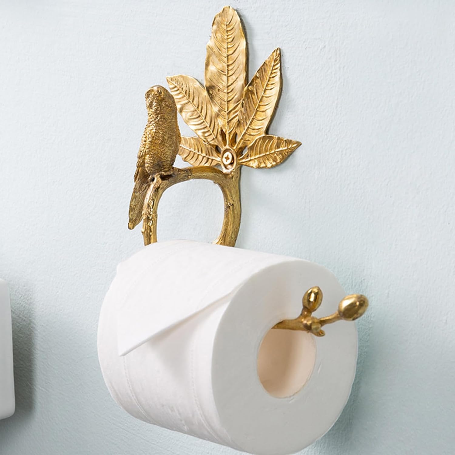 Solid Brass Bird Toilet Paper Holder – Handmade Vintage Wall Mount Tissue Roll Holder, Decorative Bird & Leaf Design, 9.8" Antique Gold Bathroom Paper Rack (Style A)