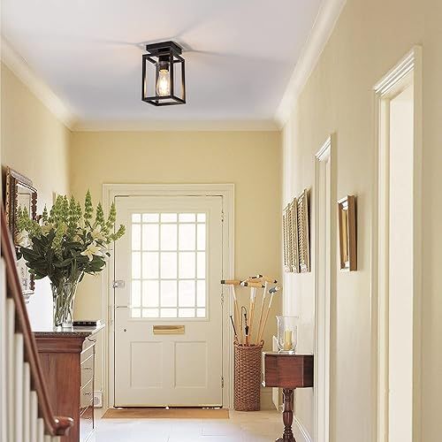 Miniatura 7 de Lámpara de techo de montaje empotrado con pantalla de vidrio transparente, marco de metal negro para cocina, isla, entrada, porche, vestíbulo,