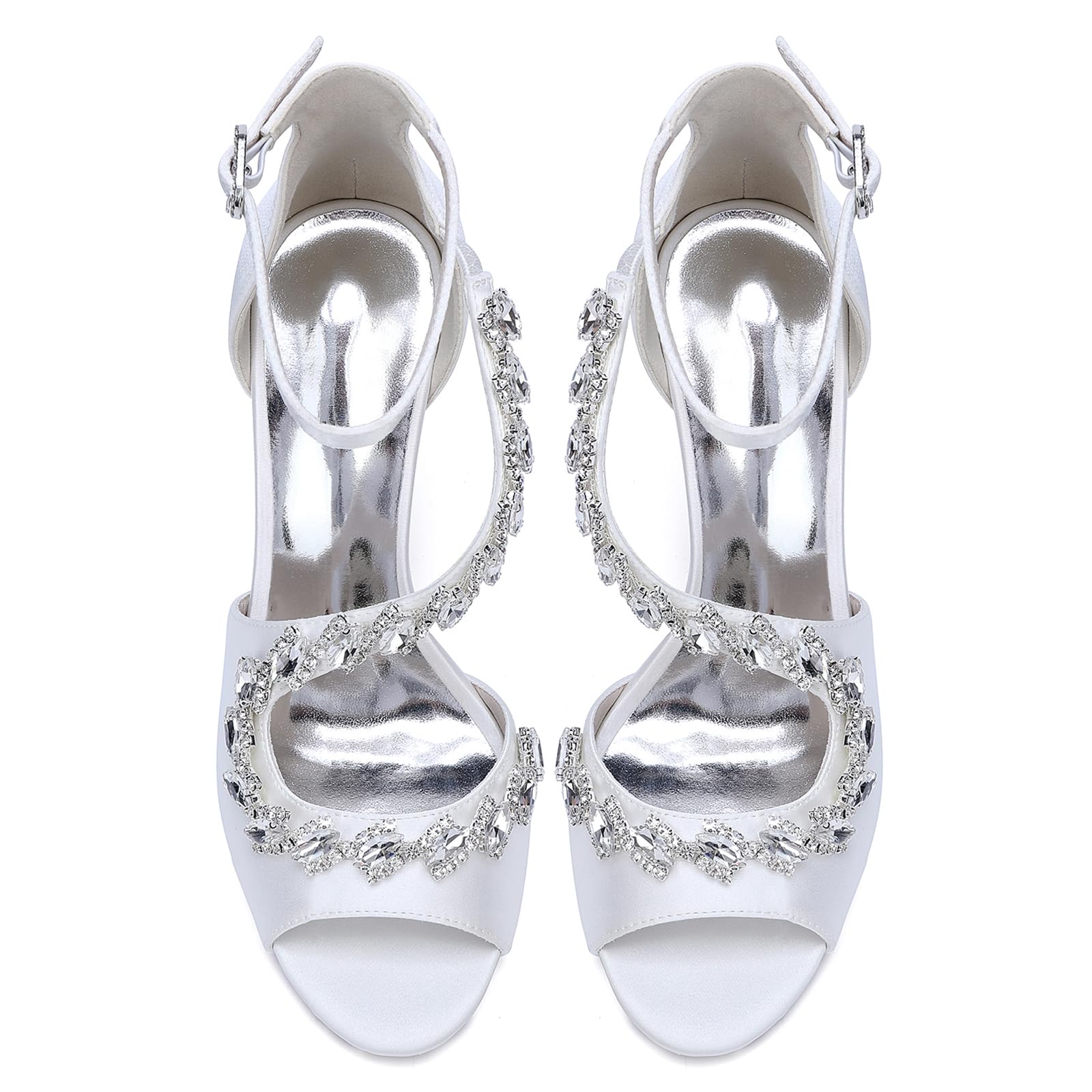 Satén Sandalias De Novia con Pedrería Stilettos para Mujer Punta Redonda Punta Abierta Tiras Zapatos De Boda